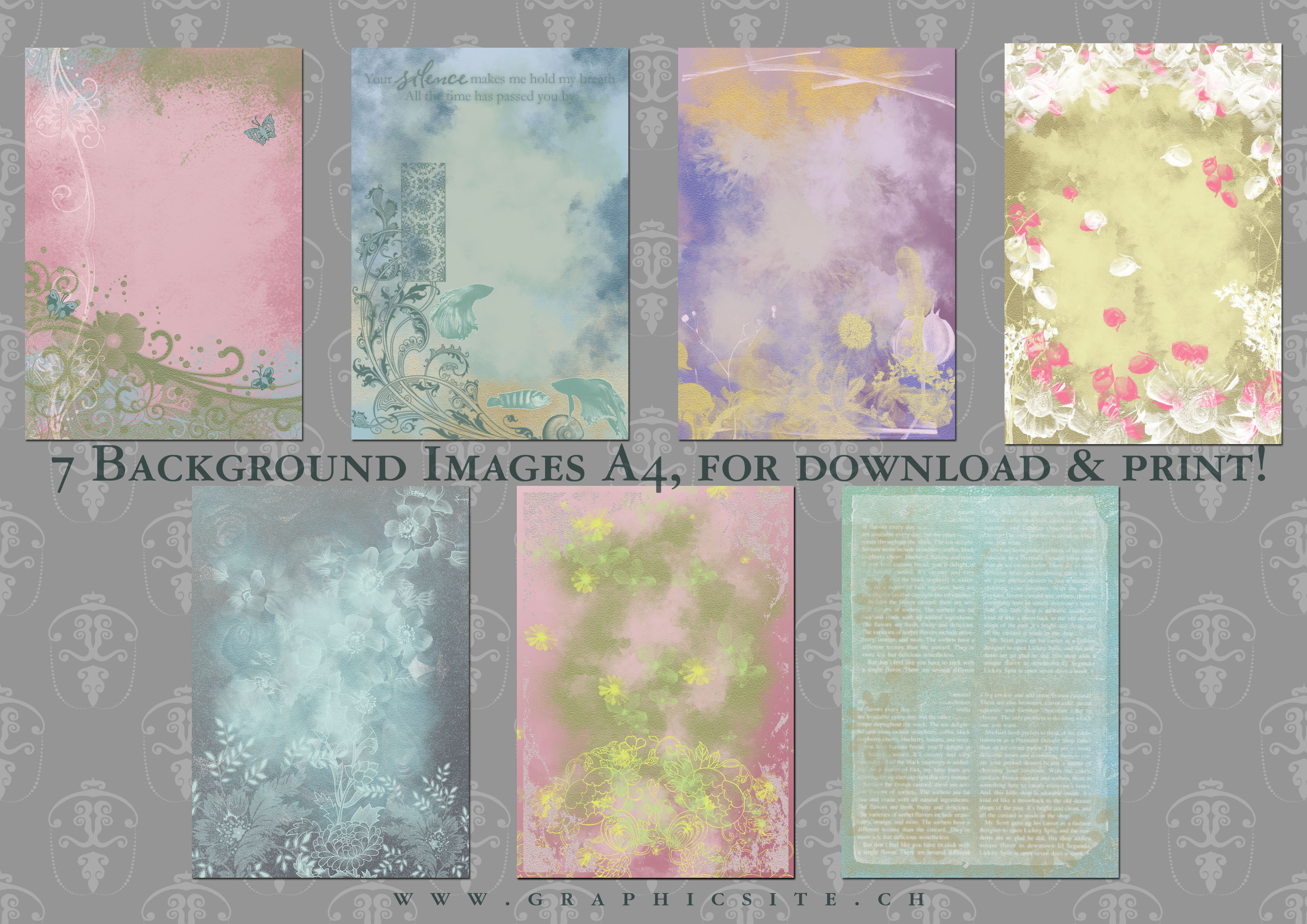 Printable Digital Backgrounds, A4, Sheets, Images, Floral, Flowers, Download,