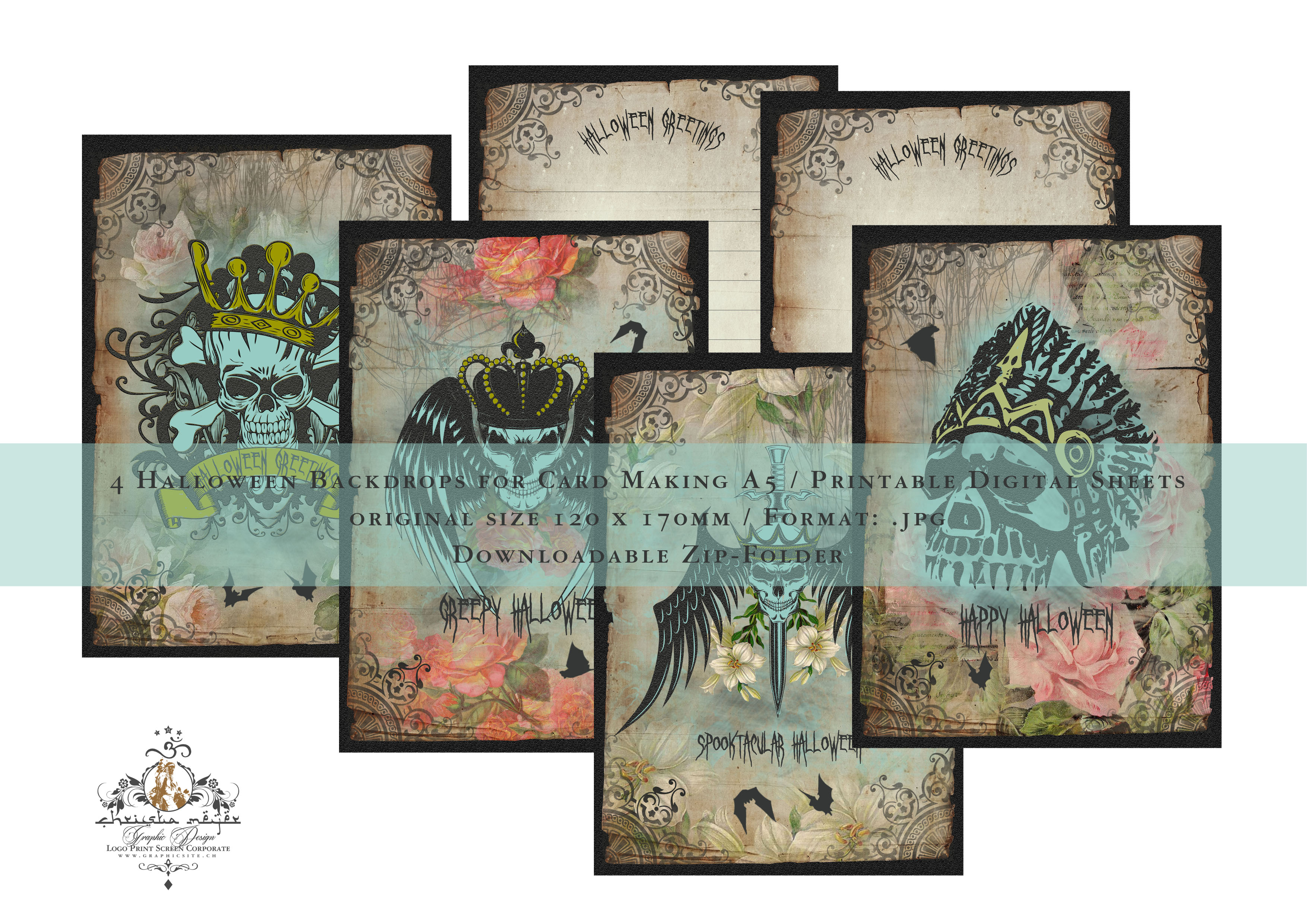 Printable Digital Sheets, Backdrops, Cards, A5, Halloween, Skulls, Bats, Flowers, Greeting Cards,