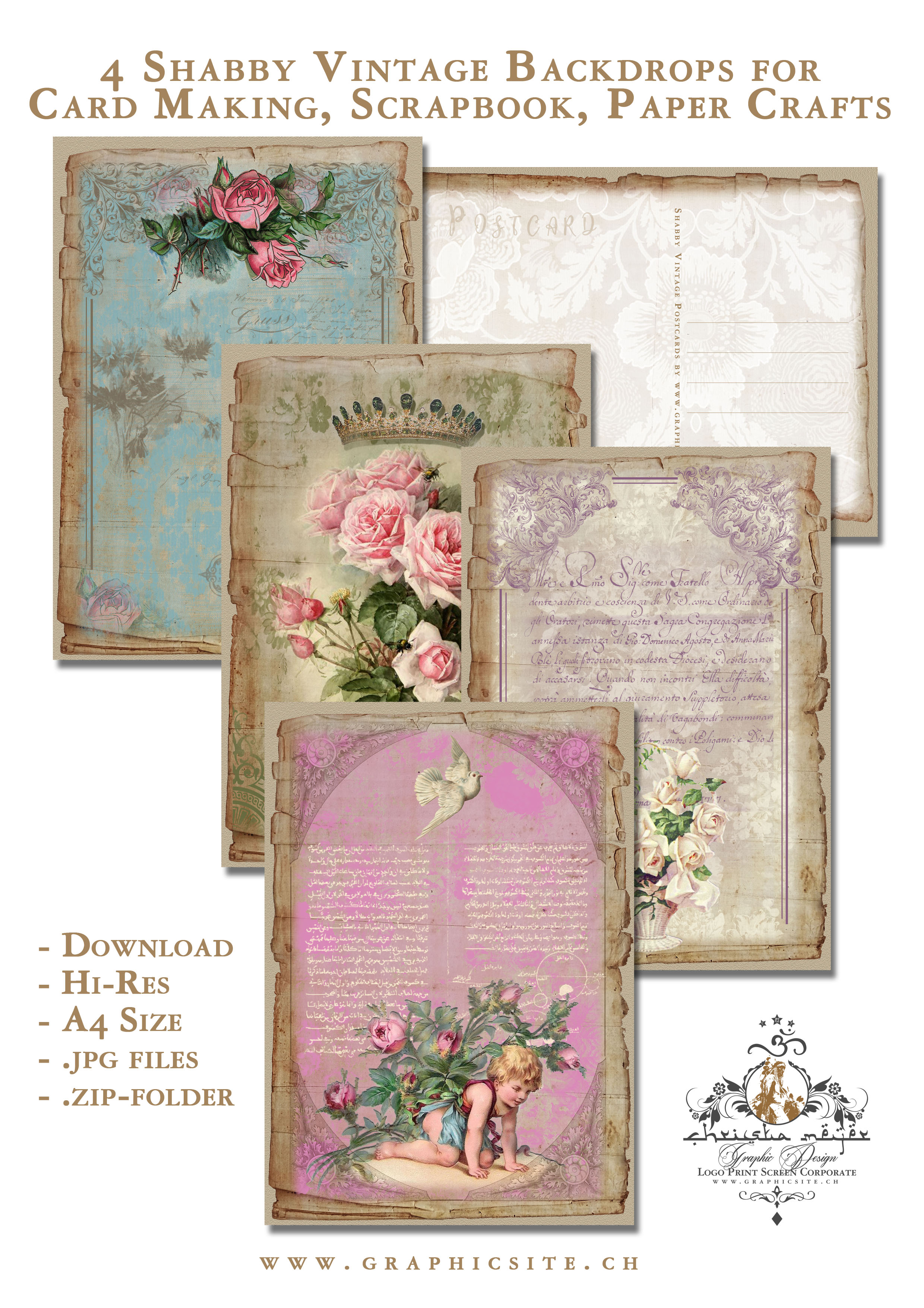 Digital Backgrounds, Cardmaking, Scrapbook, Shabby, Vintage, Floral, Postcard, Greeting Card, 