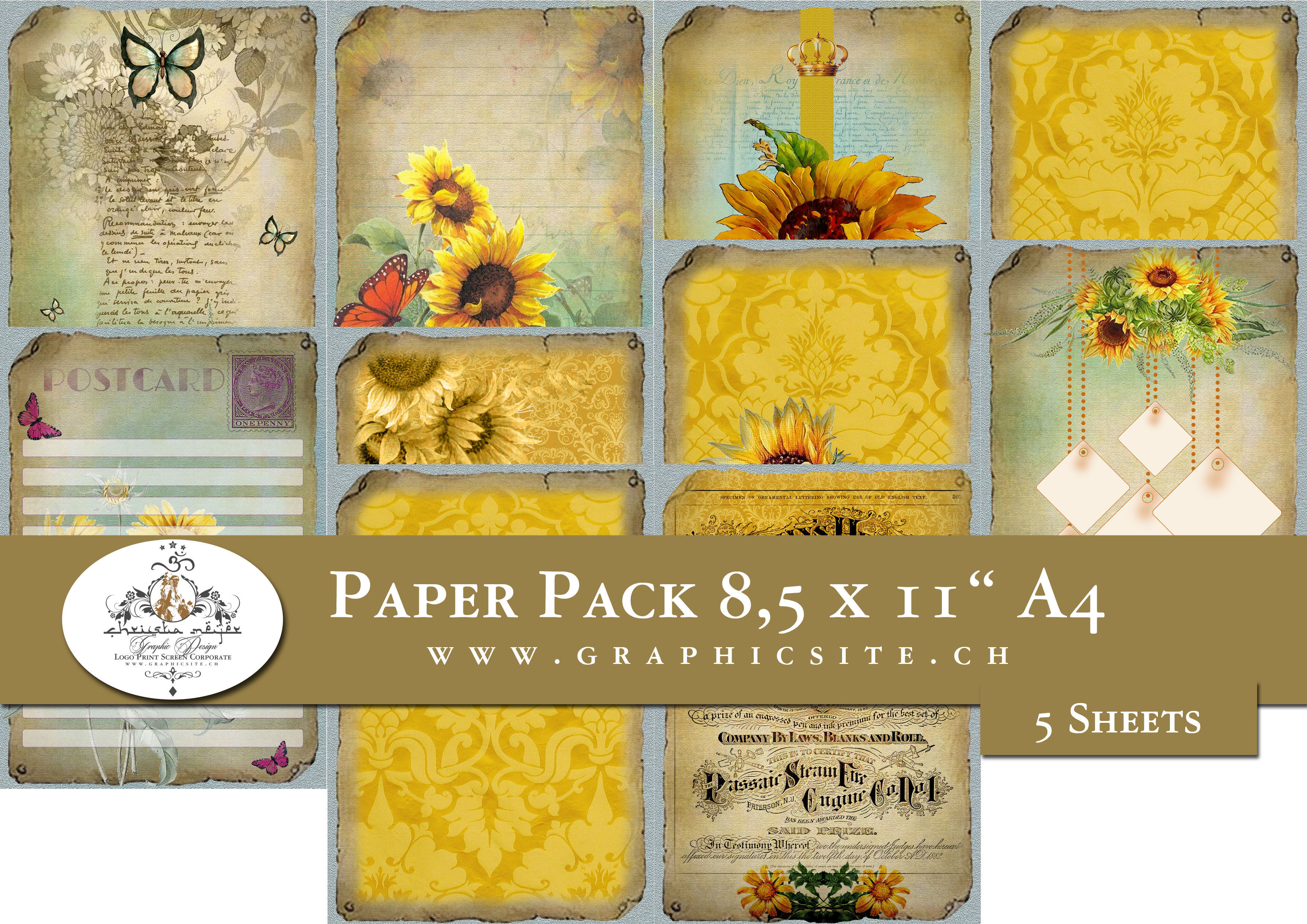 Printable Digital Sheets, Journal Pages, Floral, Flowers, Sunflowers, Summer, Pattern, 