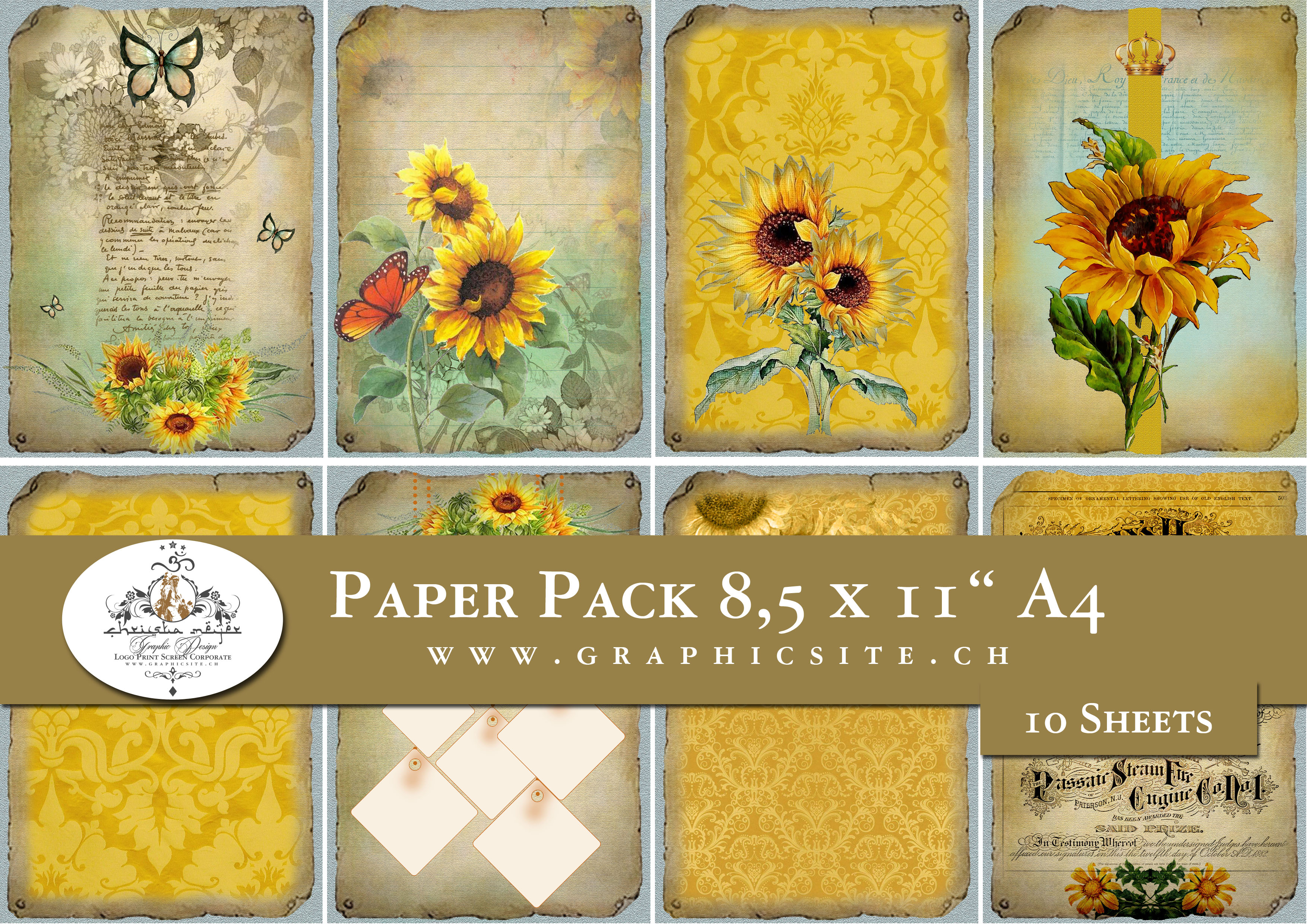 Printable Digital Sheets, Backdrops, Backgrounds, Cardmaking, Flowers, Sunflowers, Summer,