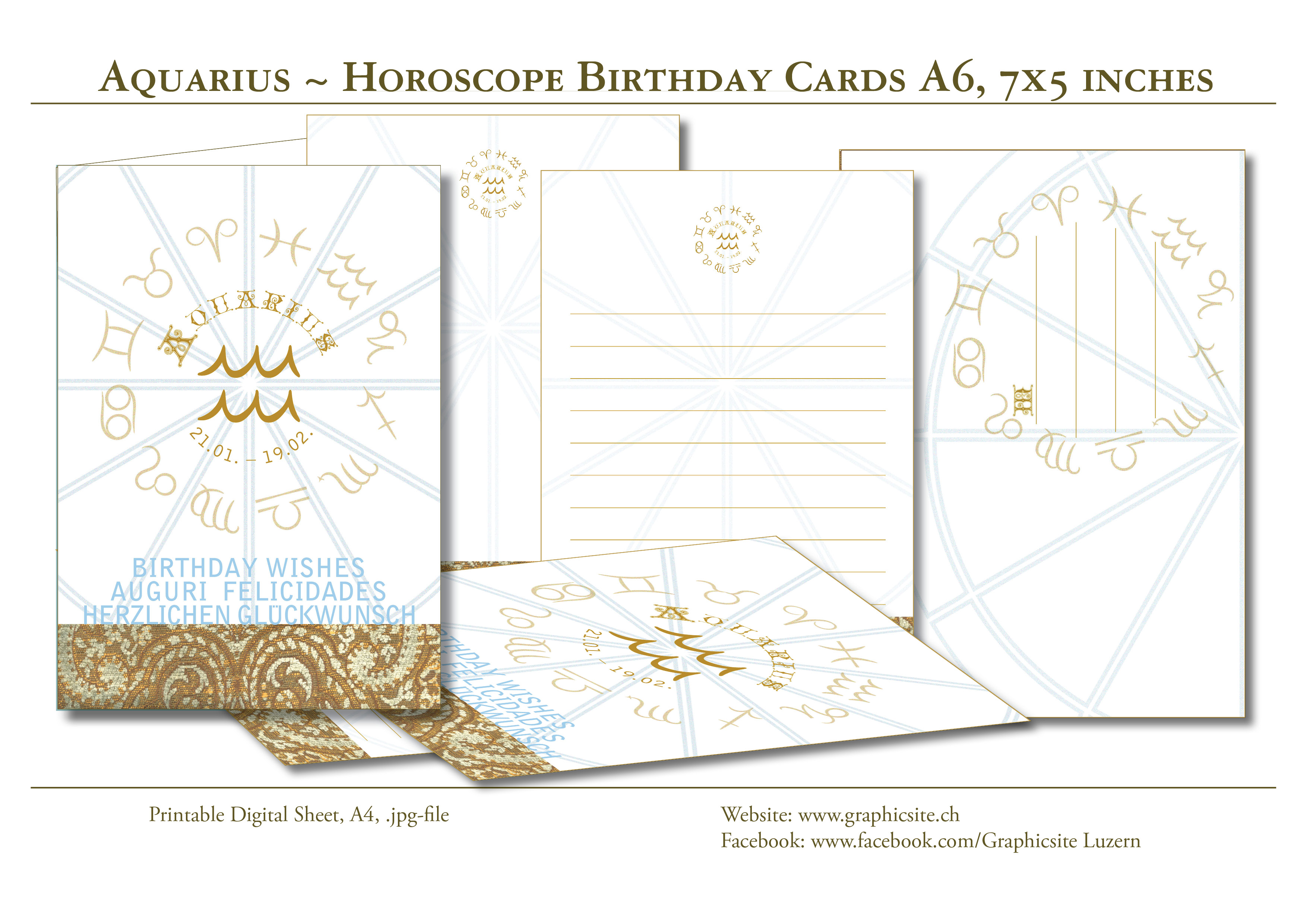 Printable Digital Sheets - Birthday Card Collection - Horoscope - Zodiac - Aquarius A6 - GraphicDesign, Luzern