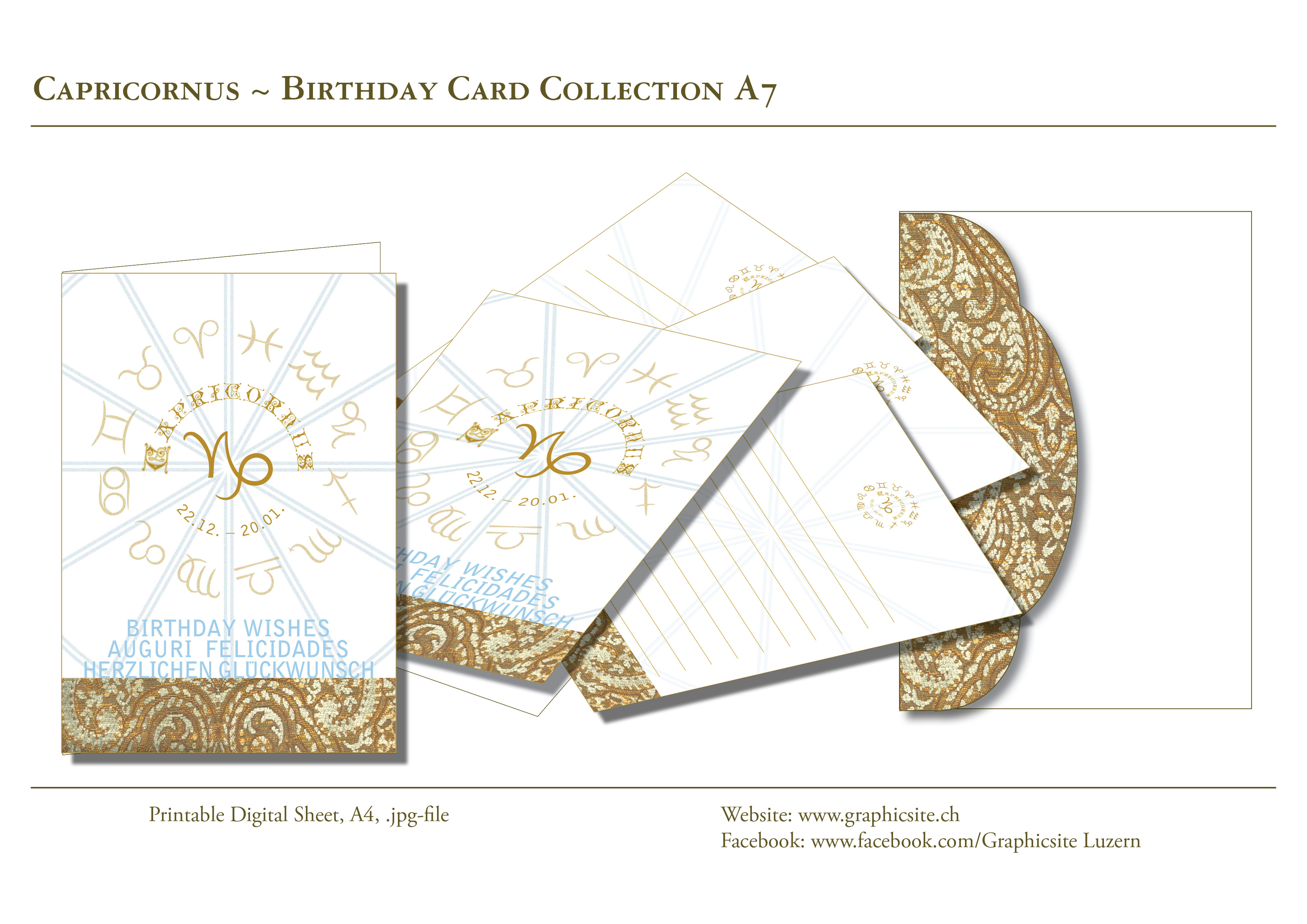 Druckbare Karten - selber drucken - Karten A7 - Grusskarten - Geburtstagskarten - Geschenkkarten - Horoskop - Sternzeichen - Steinbock - Grafik Design Luzern, Grafiker Luzern, Schweiz