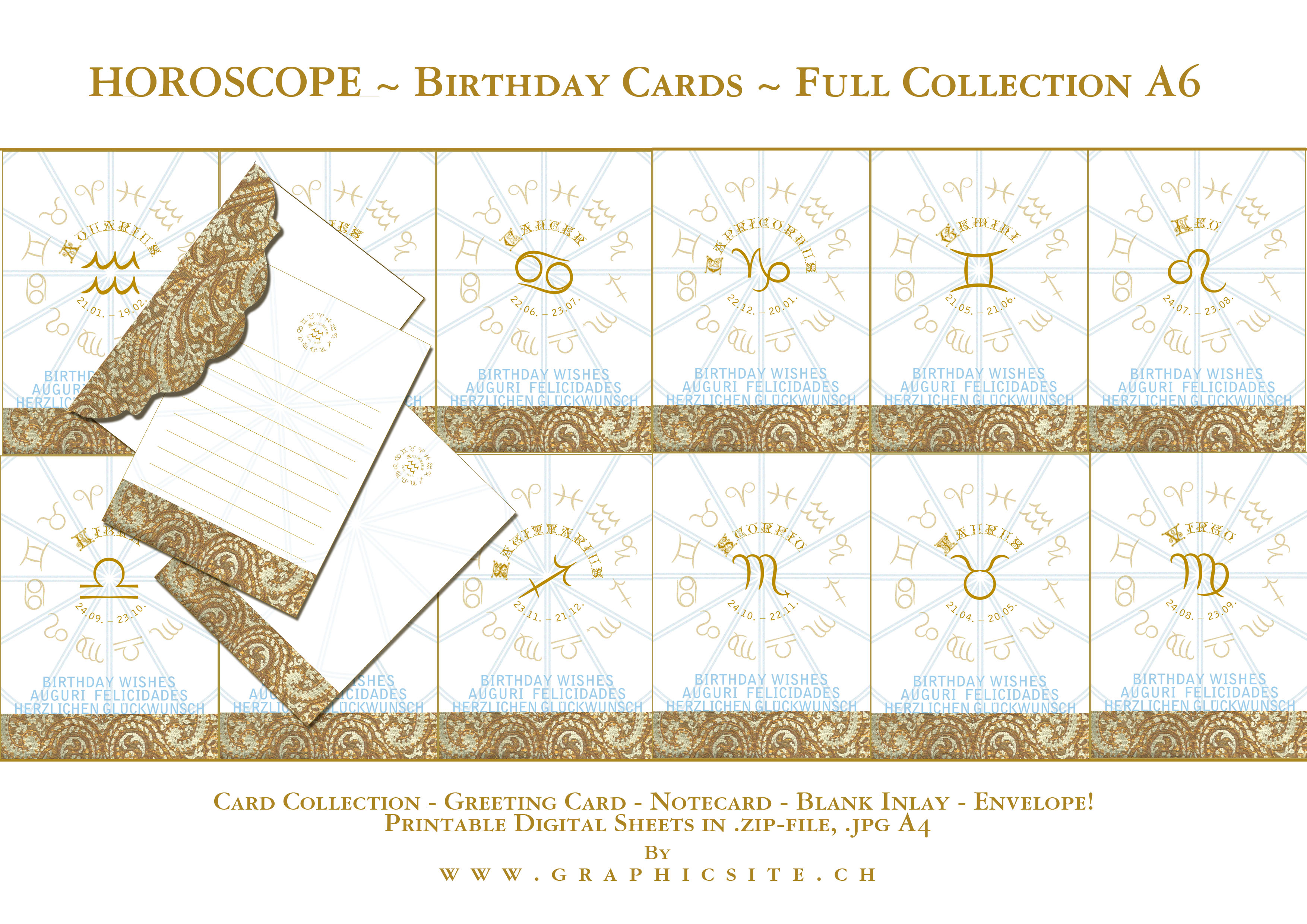 Printable Digital Sheets - Birthday Card Collection - Horoscope - Zodiac - Full Collection - A6 - GraphicDesign, Luzern