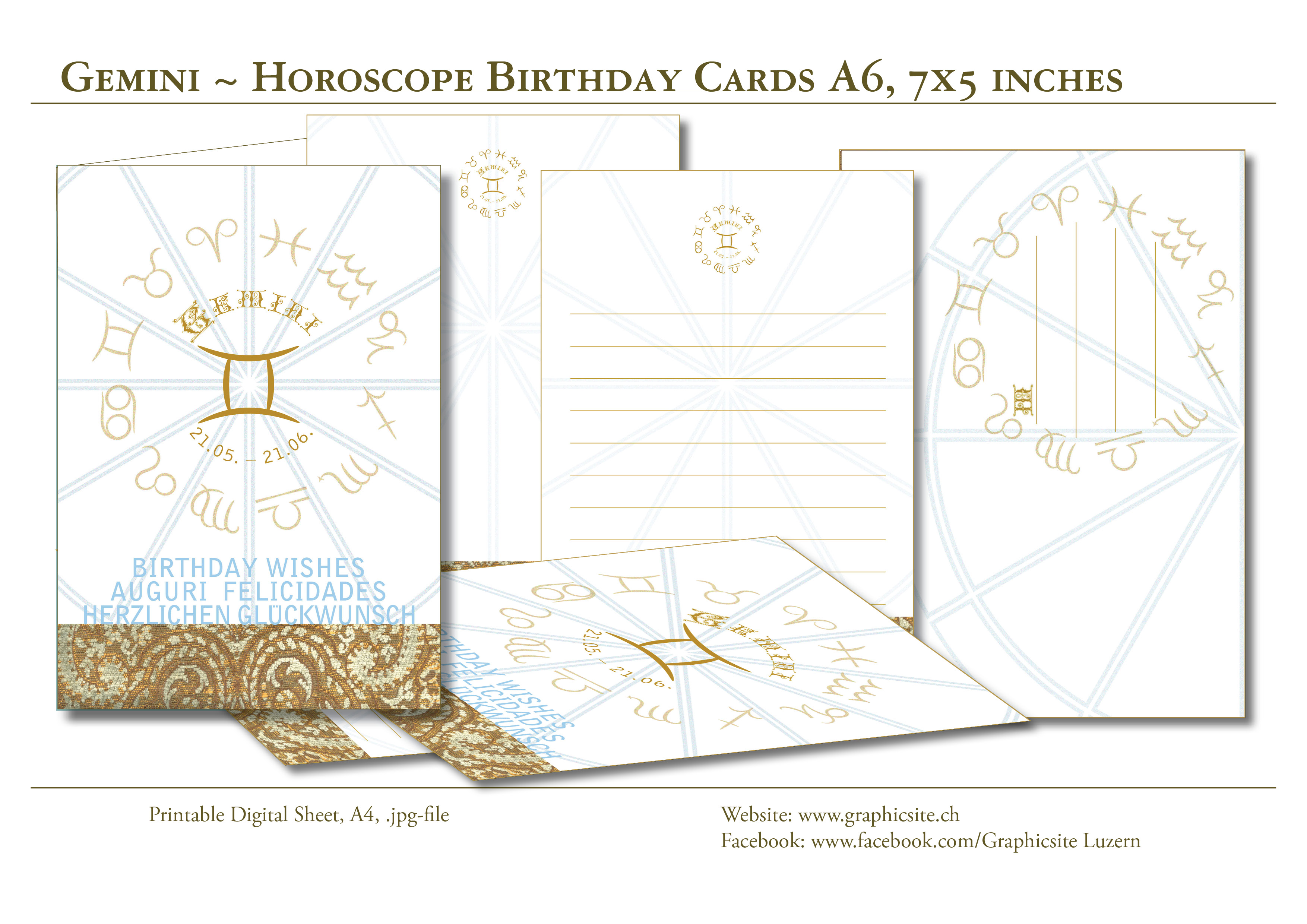 Printable Digital Sheets - Birthday Card Collection - Horoscope - Zodiac - Gemini A6 - GraphicDesign, Luzern