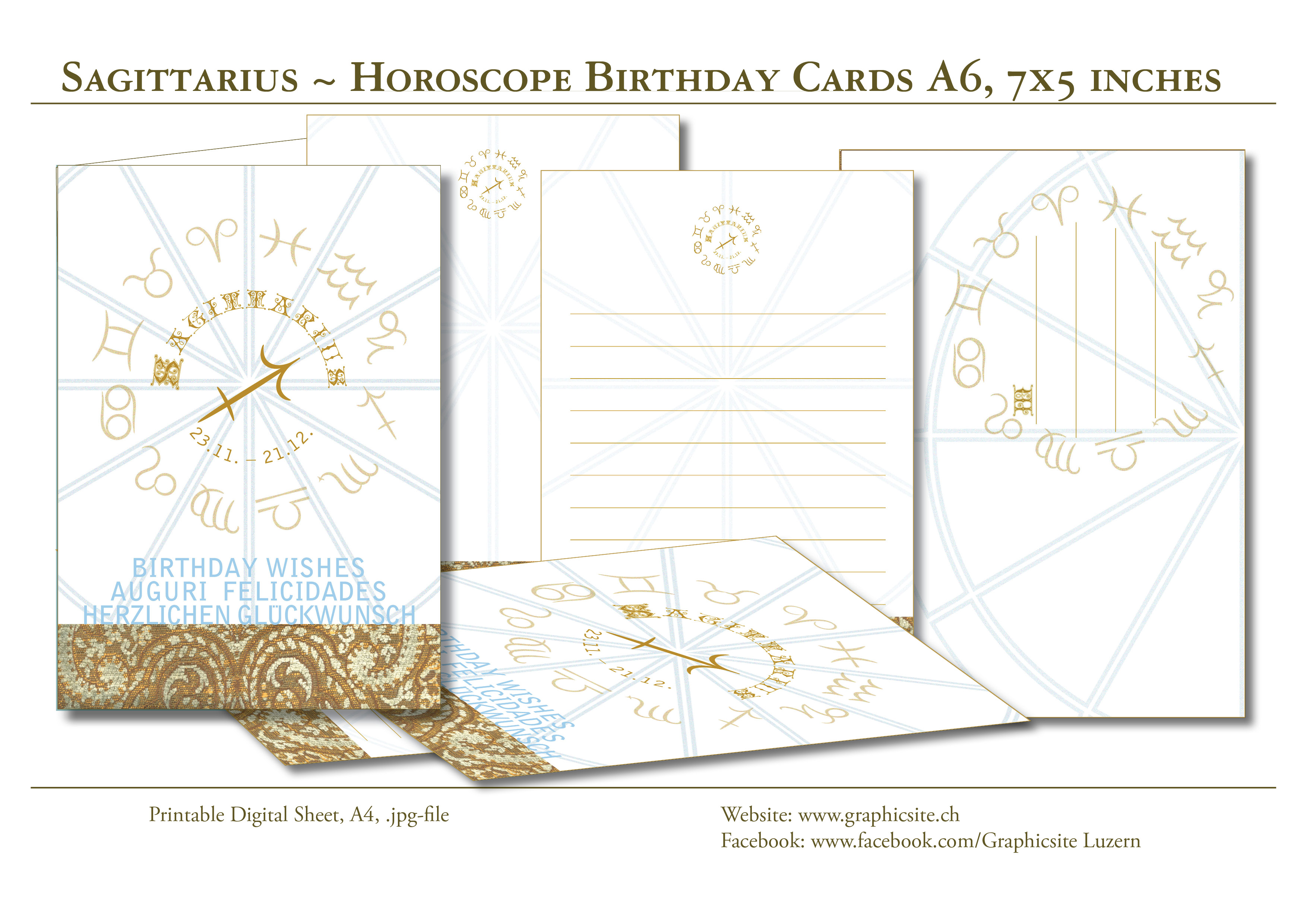 Druckbare Karten - selber drucken - Karten A6 - Grusskarten - Geburtstagskarten - Geschenkkarten - Horoskop - Sternzeichen - Schütze - Grafik Design Luzern, Grafiker Luzern, Schweiz