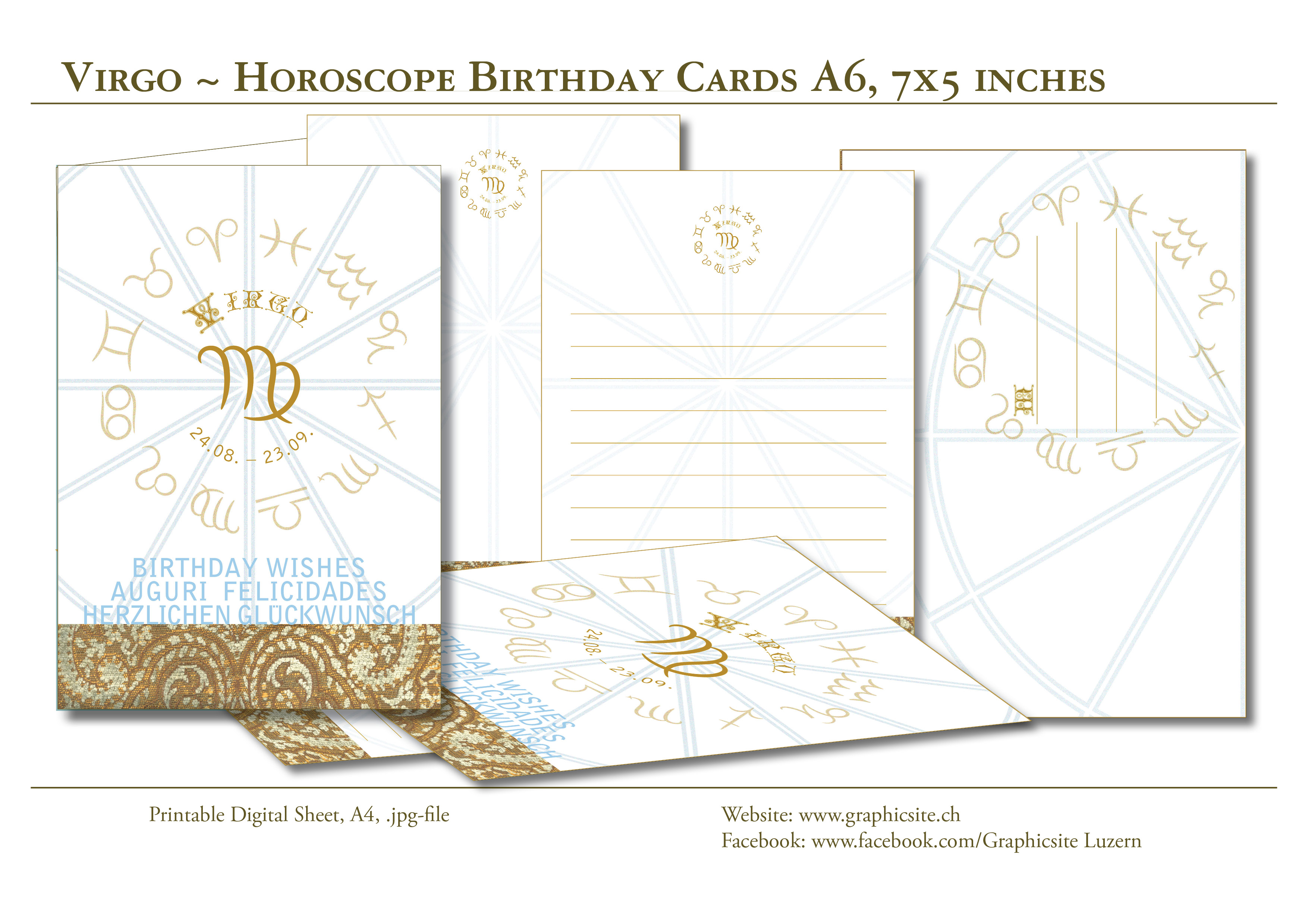Printable Digital Sheets - Birthday Card Collection - Horoscope - Zodiac - Virgo A6 - GraphicDesign, Luzern