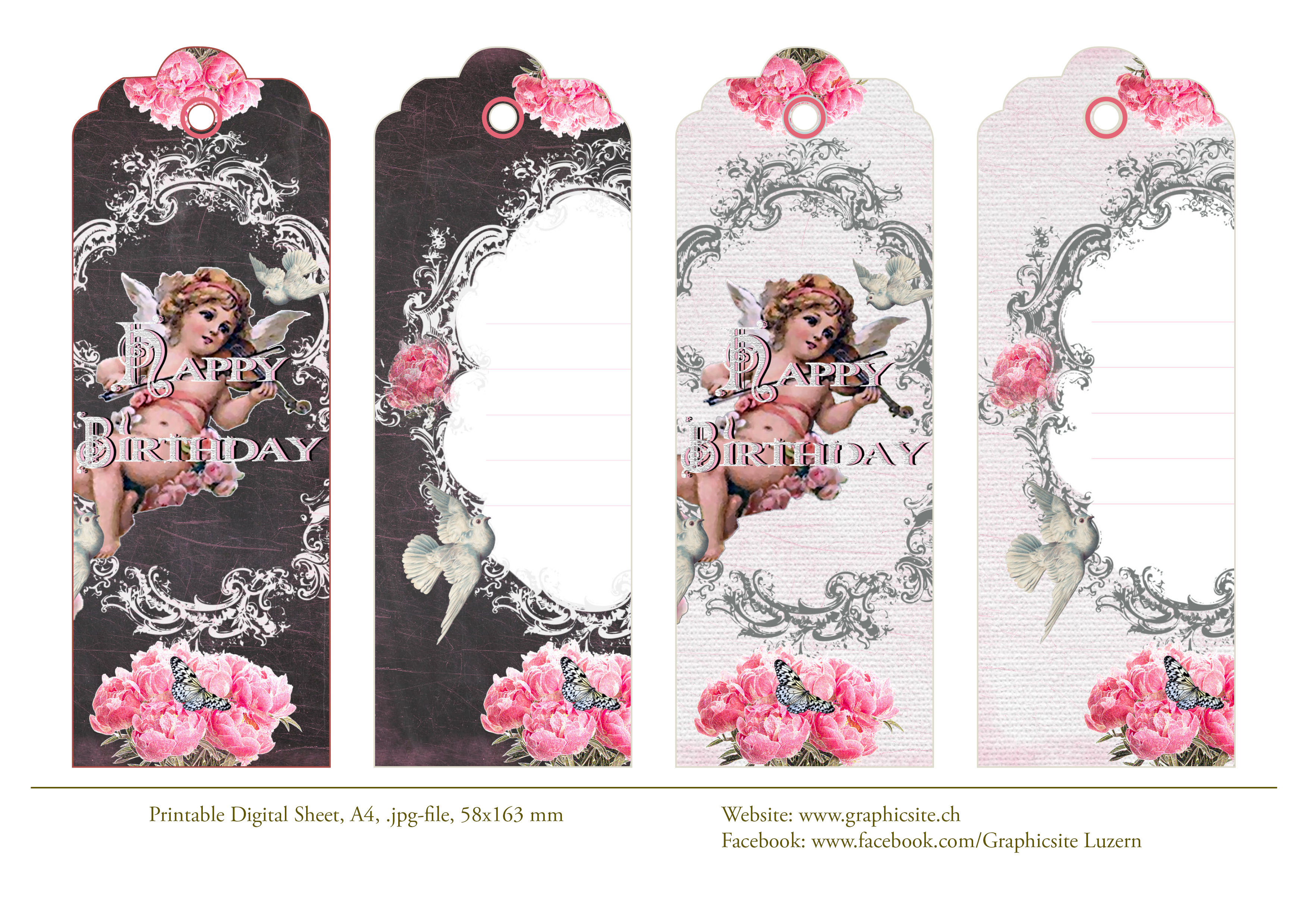 Printable Sheets - Bookmarks - Birthday - BlackWhite, Angel, Roses