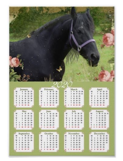 Printable Digital Sheets, Poster A4, Calendar 2020, Horse, Friesian, Animals, Roses, Nature,