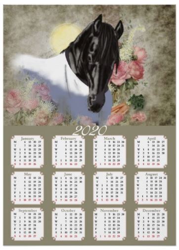 Printable Calendar 2020, Animals, Horse, Friesian, Flowers, Roses, download,