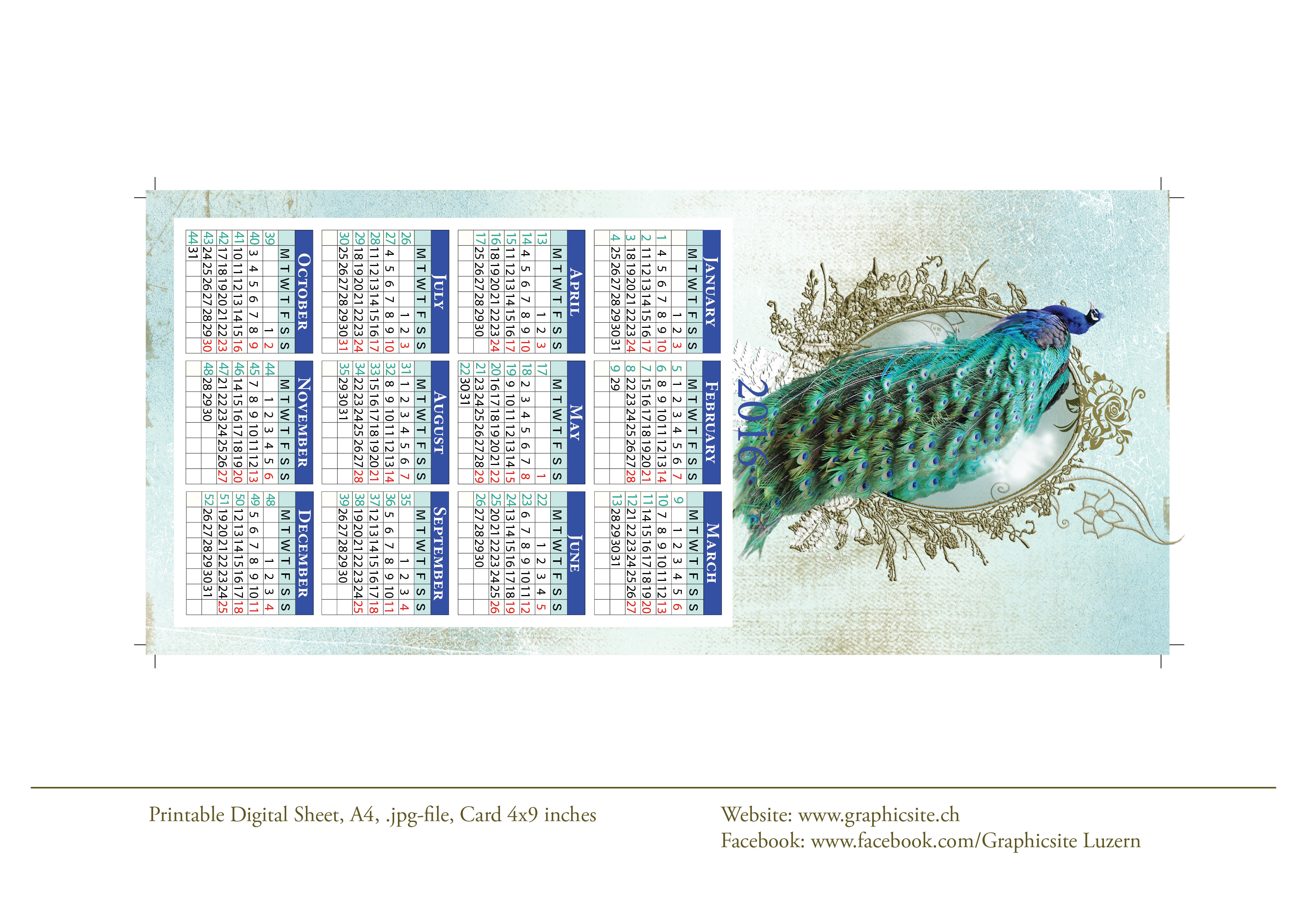 Printable Digital Sheets - Calendars - Shabby Peacock