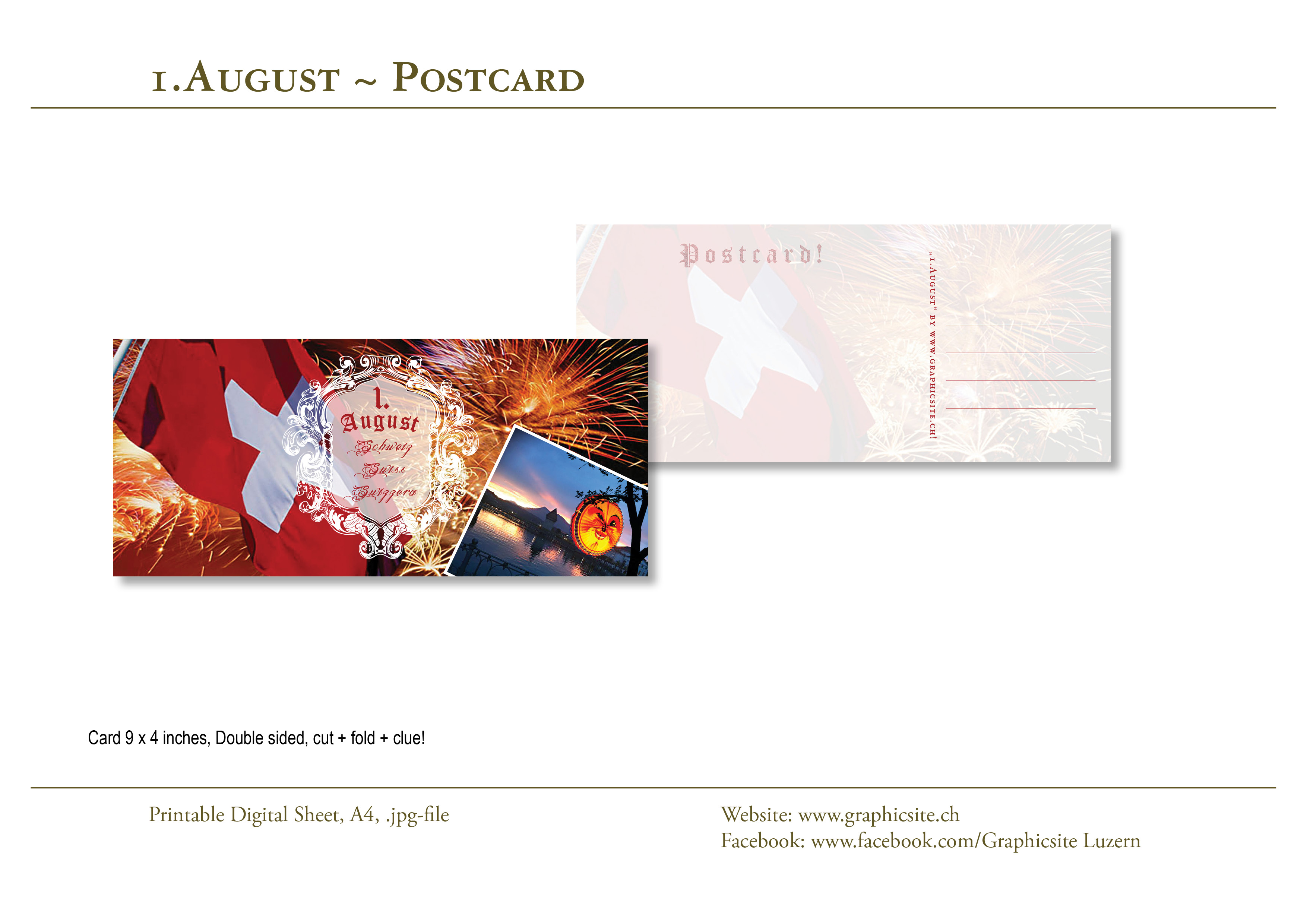 Karten selber drucken - Postkarte 9x4 - 1.August - #schweiz, #suisse, #swizzera, #switzerland, #bundesfeier
