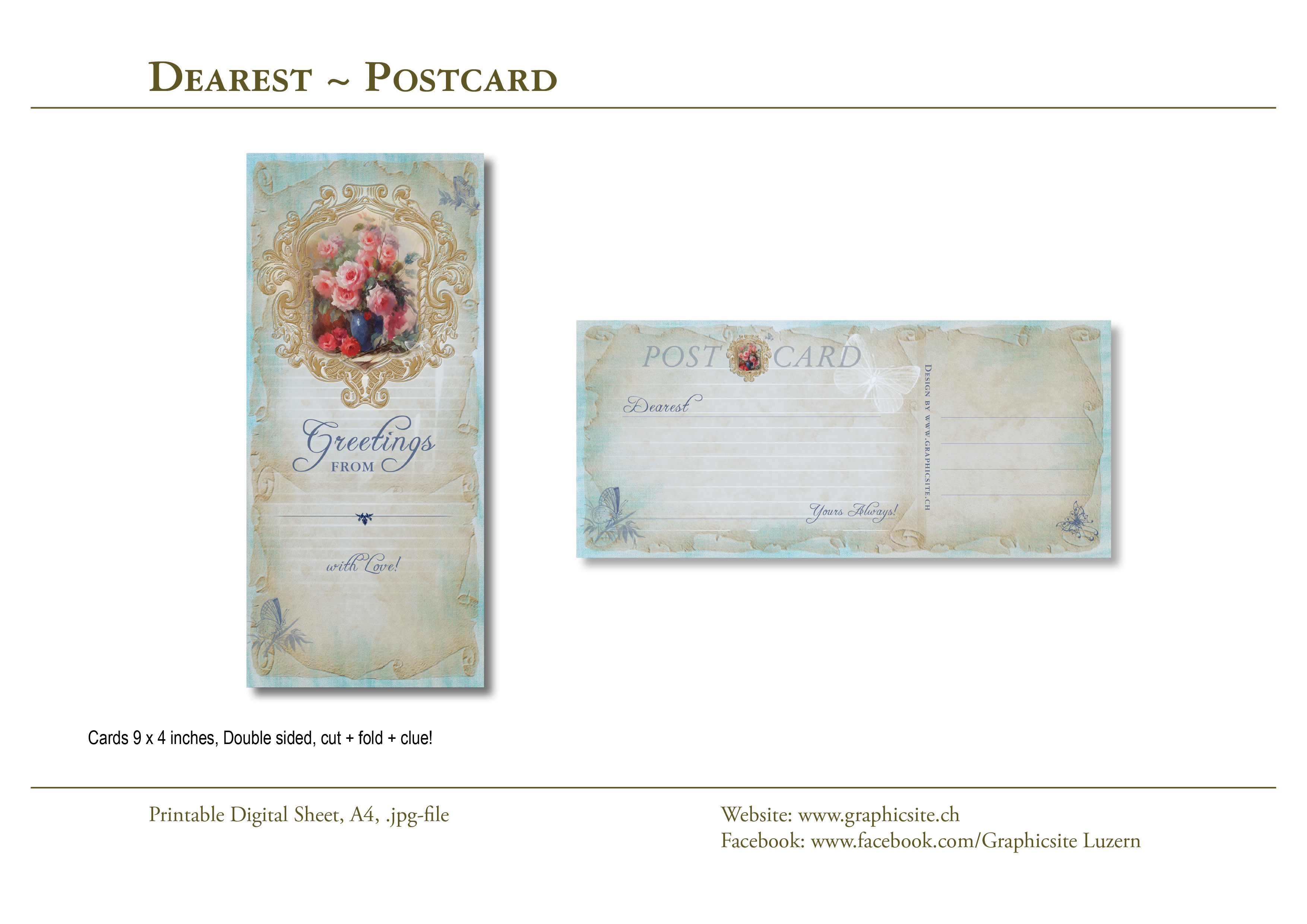 Printable Digital Sheet - Postcard 9x4 - Dearest