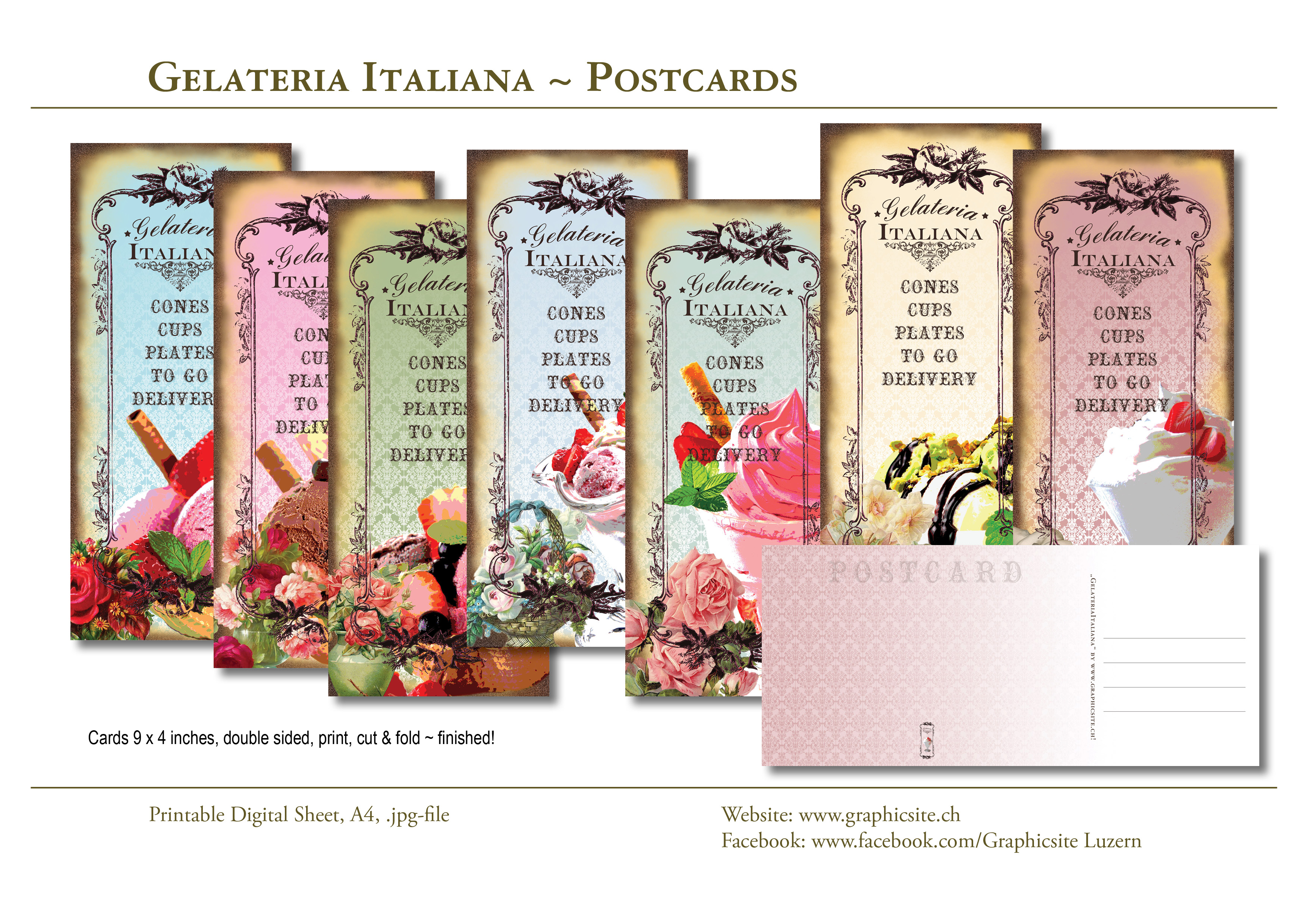 Printable Digital Sheets - Cards 9x4 inches - Gelateria Italiana, #icecream, #dessert, #cards, #postcards, #greetingcards, #menu, #scrapbooking, #papergoods,