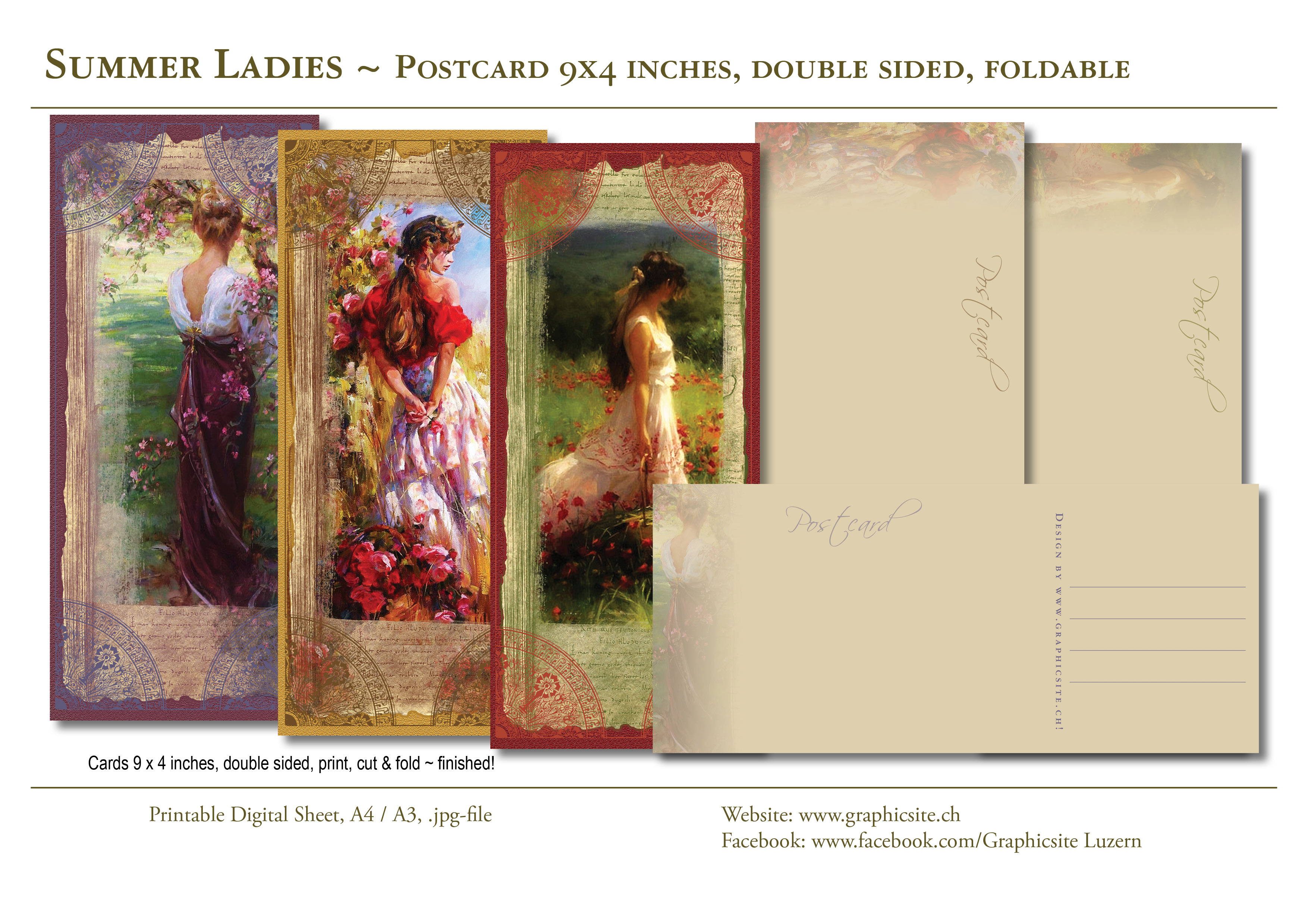 Printable Digital Sheets, Postcards, Summer, Flowers, Ladies, Digital, download, 