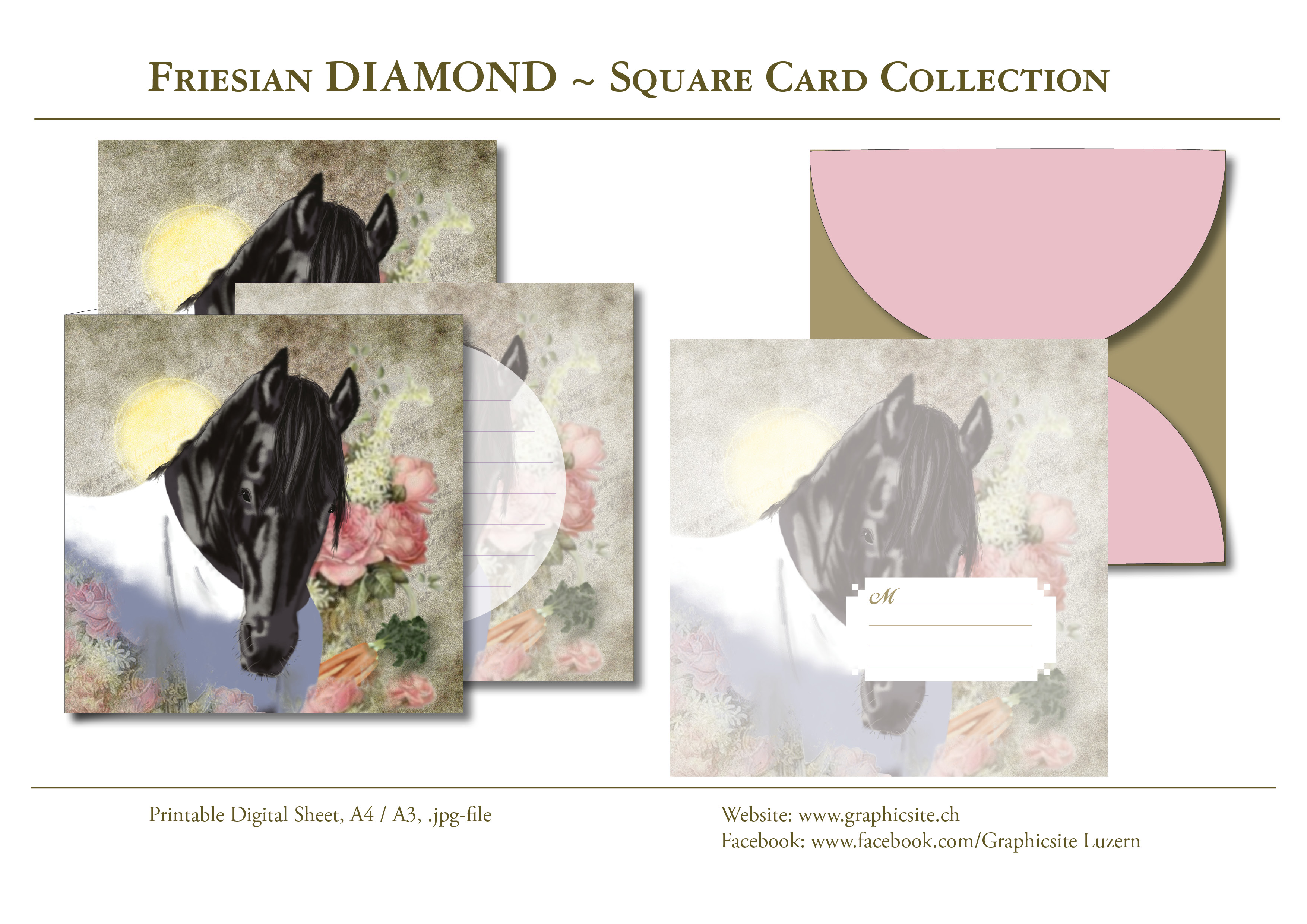 Printable Digital Sheets - Square Card Collection - Friesian DIAMOND - Friesian Horse, horses, digital painting, greeting cards, stationary, graphic design, Luzern,