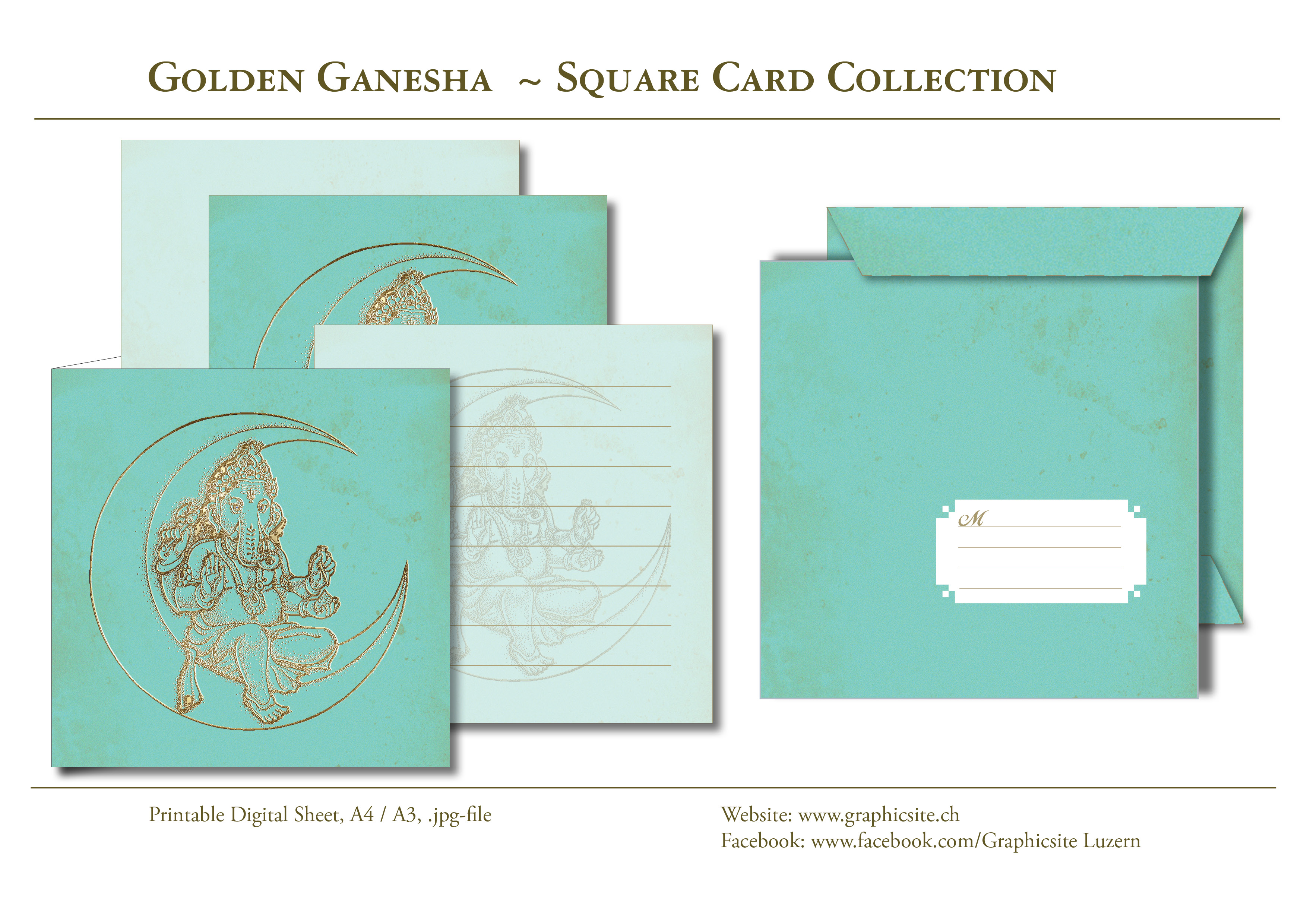 GoldenGanesha - Tuerkis - Kartenkollektion - Kuvert, Indien,  Yoga, Meditation, druckbare Karten, download, Graphic Design Luzern, Grafiker Luzern, Schweiz