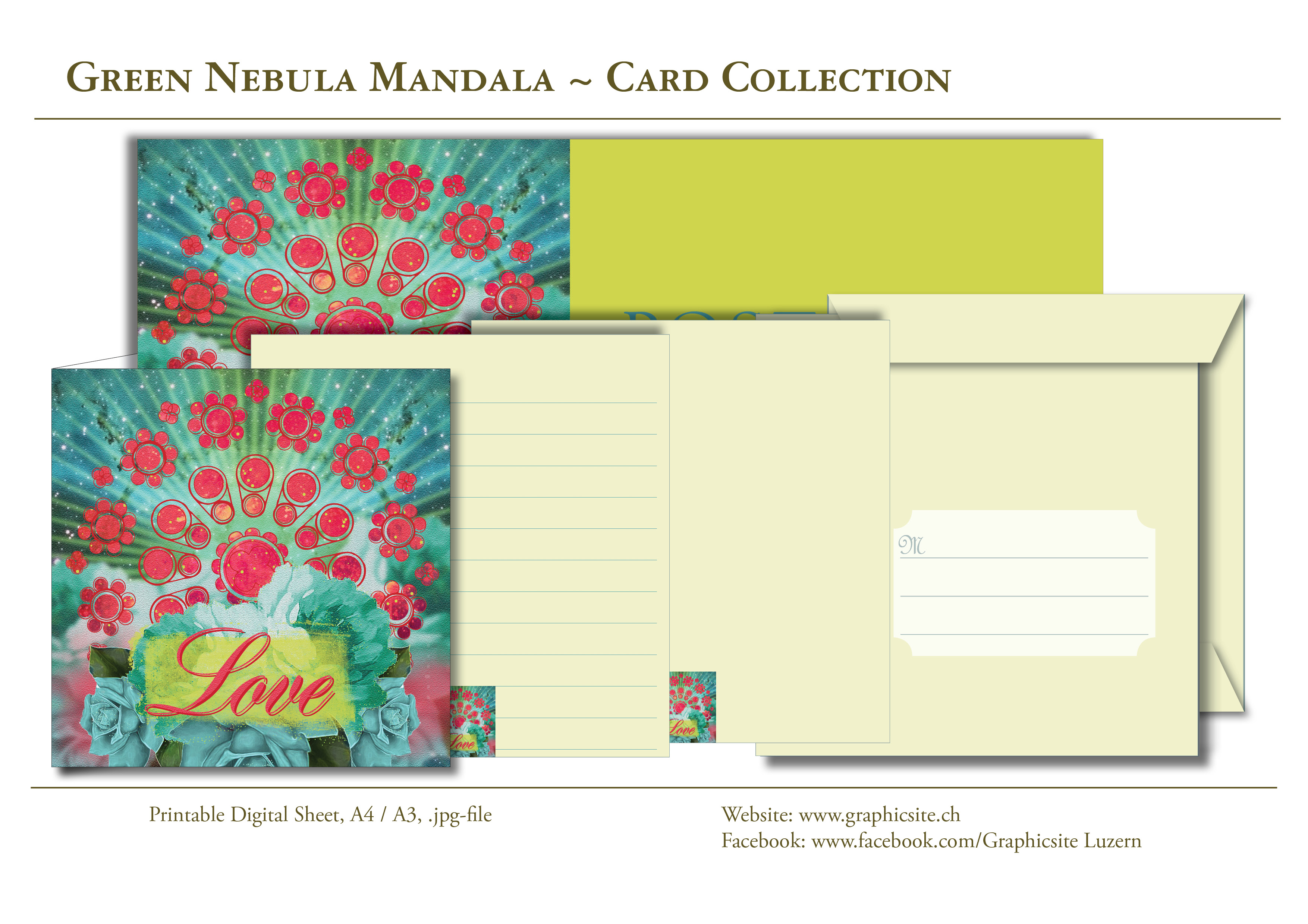 Printable Digital Sheets, Cards, Greetingcards, Postcards, Mandala, Love, Stars, Nebula, Green, Red,