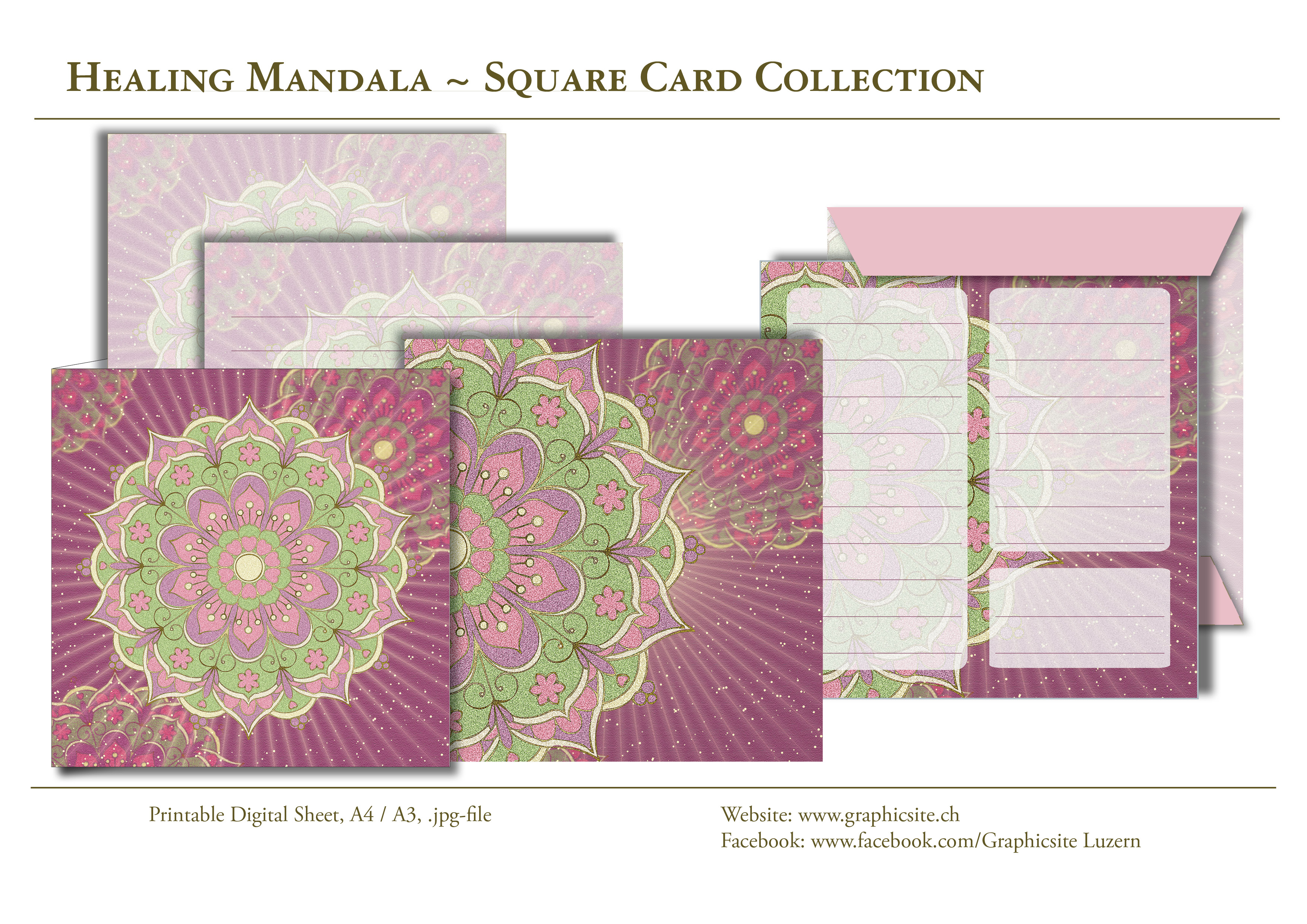Printable Digital Sheets, Square Cards, Healing, Mandala, Flower, Cards, Graphic Design, Luzern,