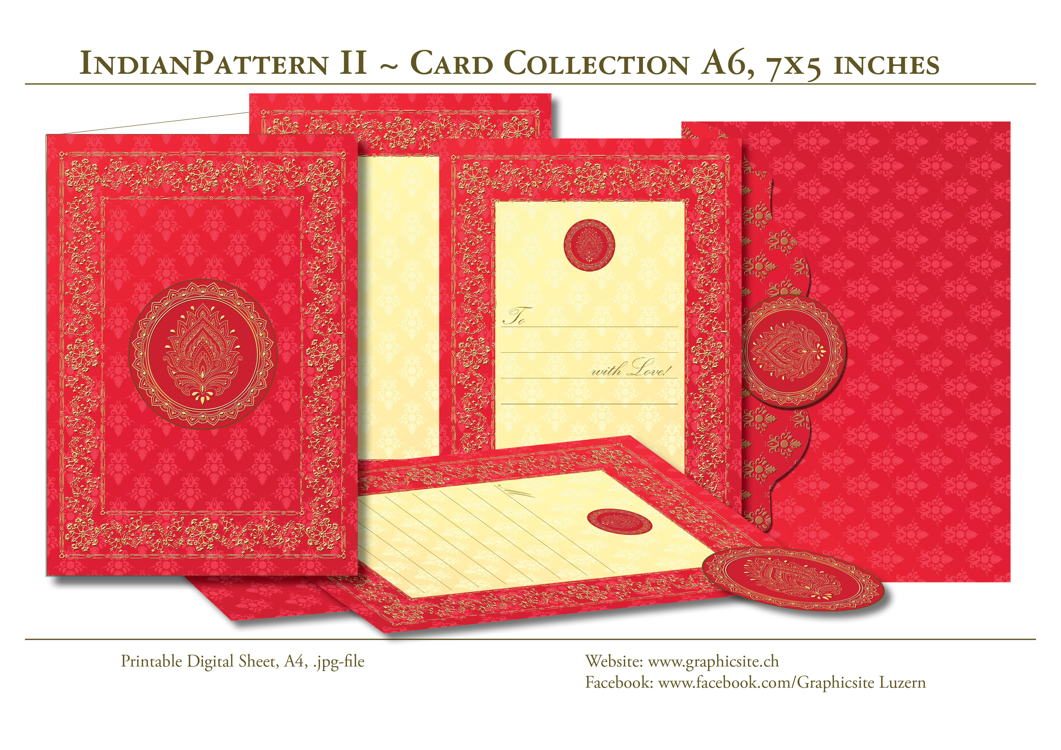 IndianPattern - Rot - Hochzeit - Kartenkollektion - Kuvert, Indien,  Yoga, Meditation, druckbare Karten, download, Graphic Design Luzern, Grafiker Luzern, Schweiz