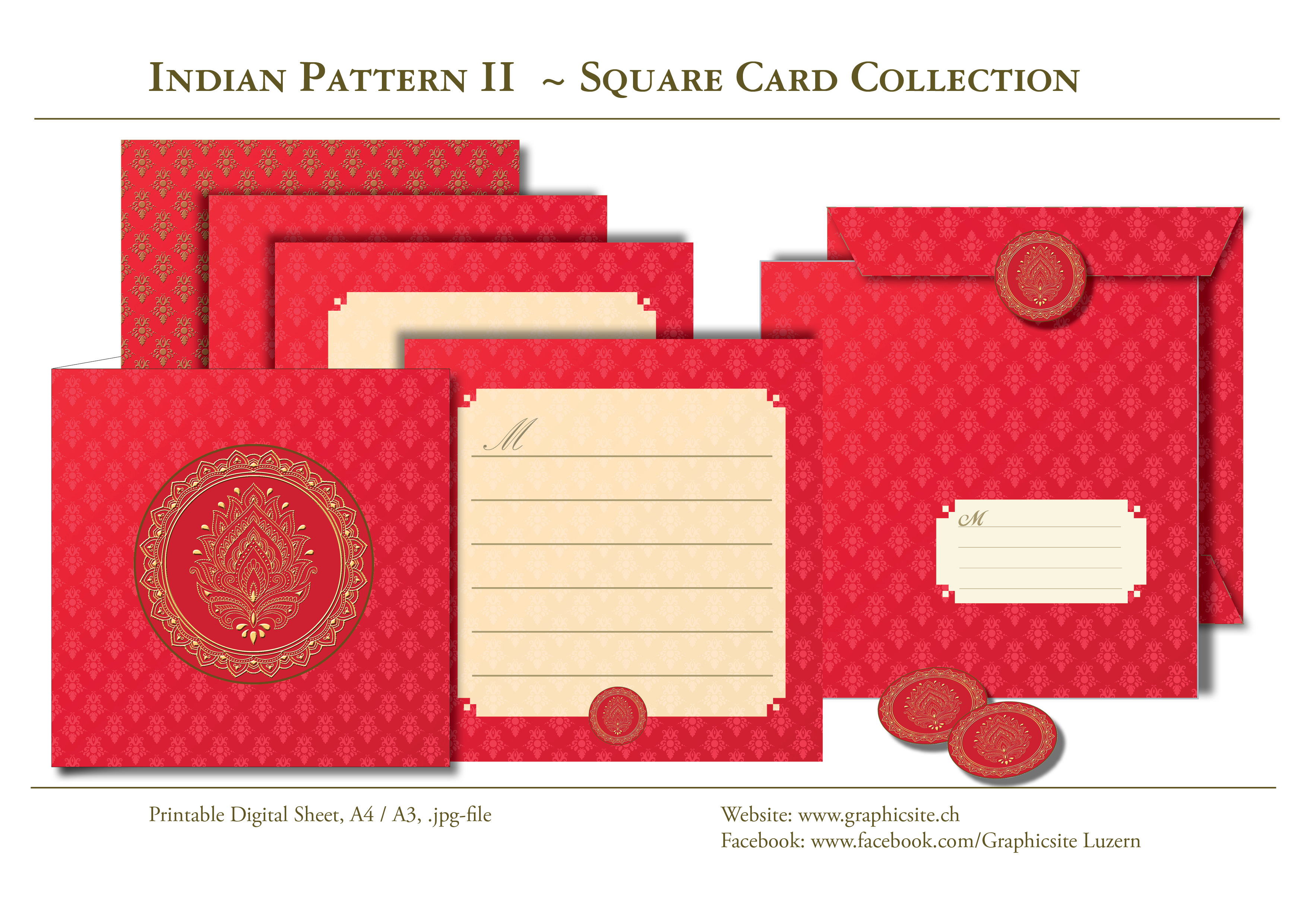 IndianPattern2 - Rot - Hochzeit - Kartenkollektion - Kuvert, Indien,  Yoga, Meditation, druckbare Karten Quadratisch, download, Graphic Design Luzern, Grafiker Luzern, Schweiz