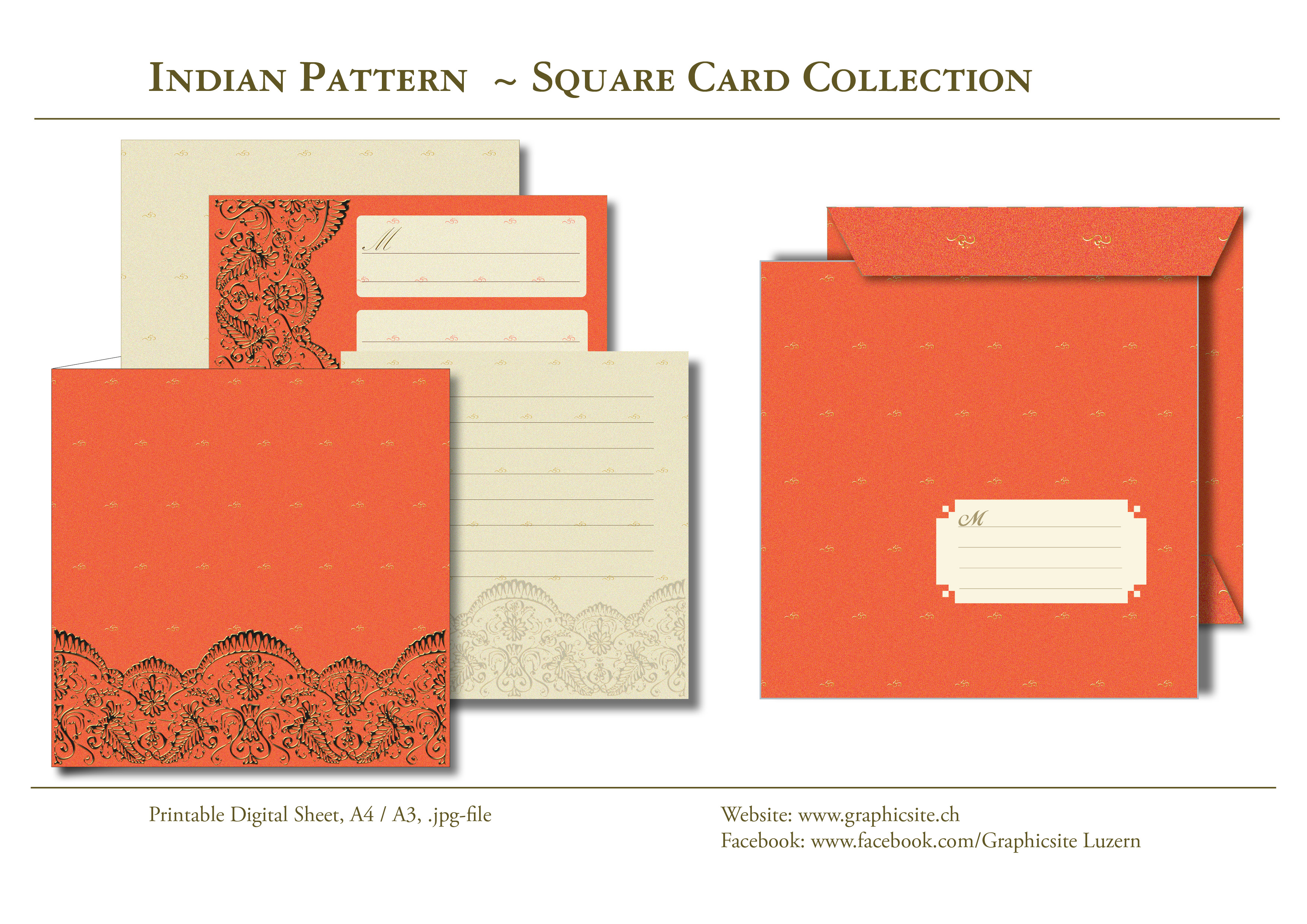IndianPattern - Orange, Gold - Kartenkollektion - Kuvert, Indien,  Yoga, Meditation, druckbare Karten, download, Graphic Design Luzern, Grafiker Luzern, Schweiz