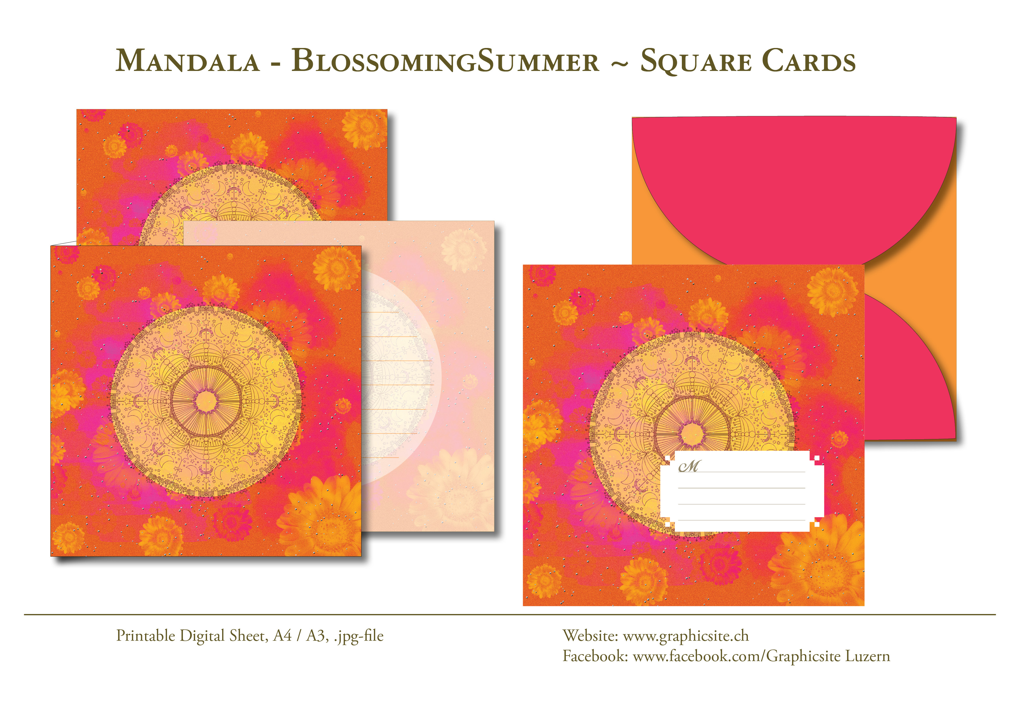 Printable Digital Sheets - Square Cards - MANDALA BlossomingSummer, Greeting Cards, Yoga, Meditation, Cards, Watercolor, Digital painting, Graphic Design, Luzern