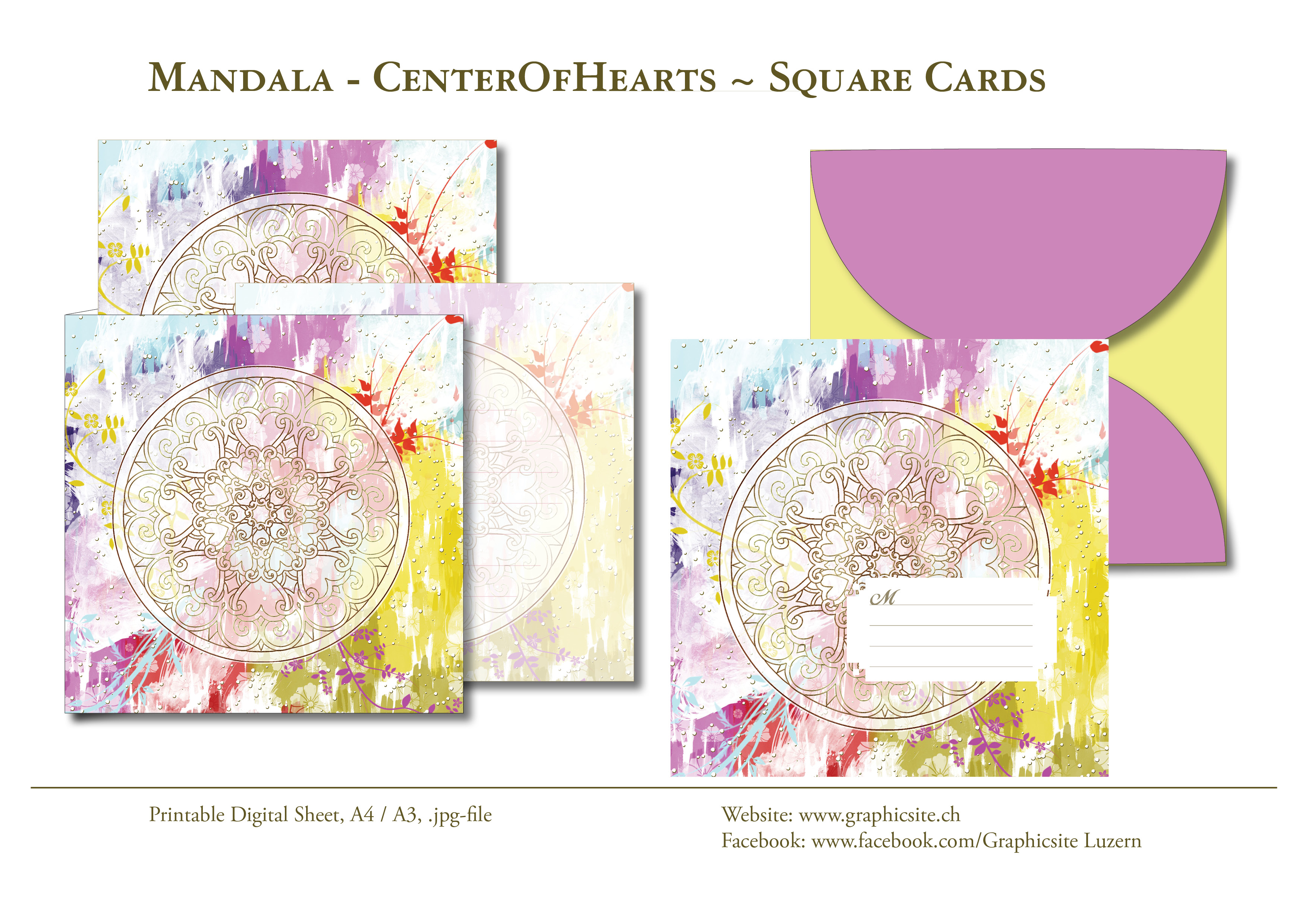 Printable Digital Sheets - Square Cards - MANDALA CenterOfHearts - Greeting Cards, Yoga, Meditation, Watercolor, digital painting, Graphic Design, Luzern