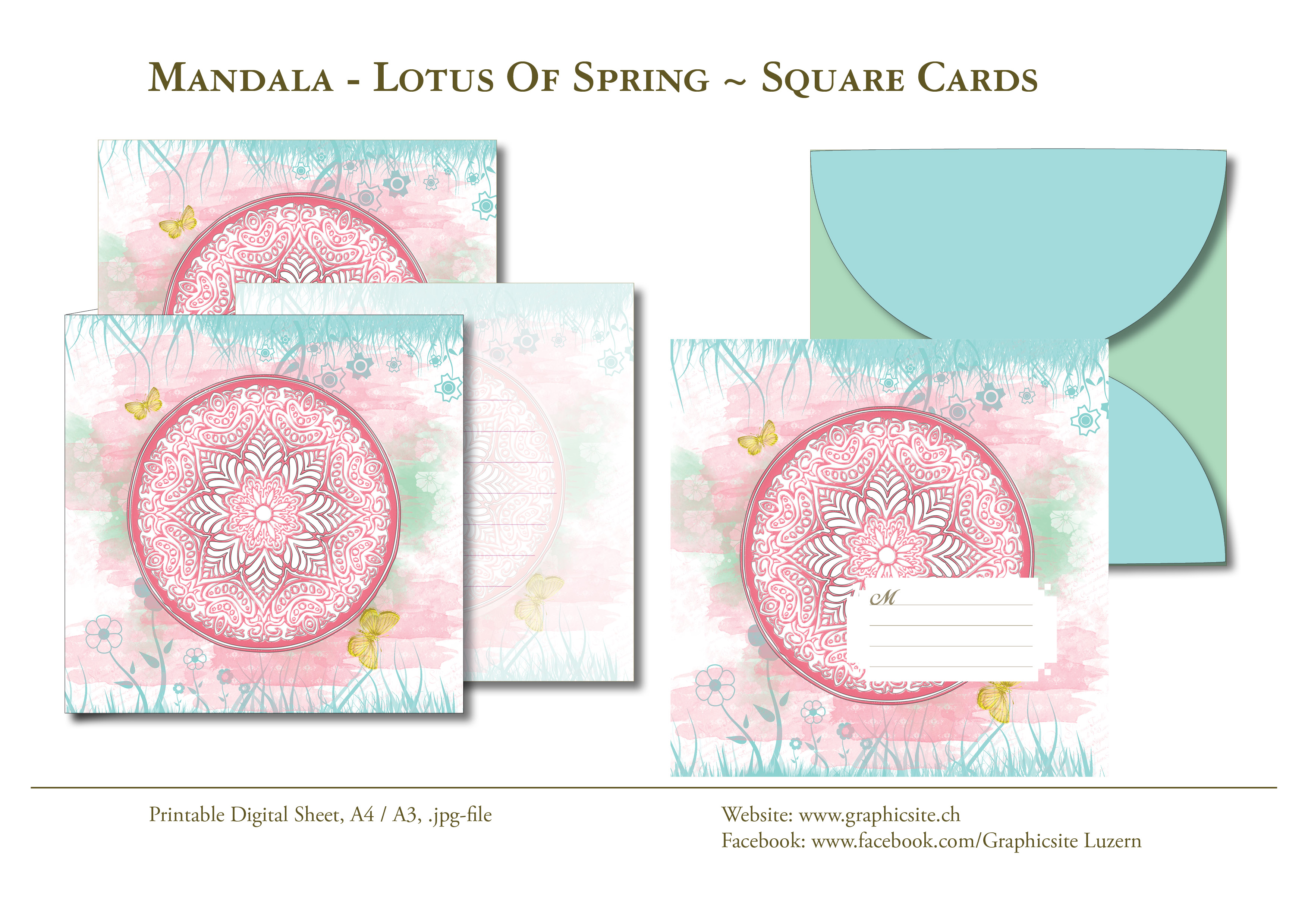 Printable Digital Sheets - Square Cards - MANDALA LotusOfSpring, Greeting Cards, Yoga, Meditation, Cards, Watercolor, Digital painting, Graphic Design, Luzern