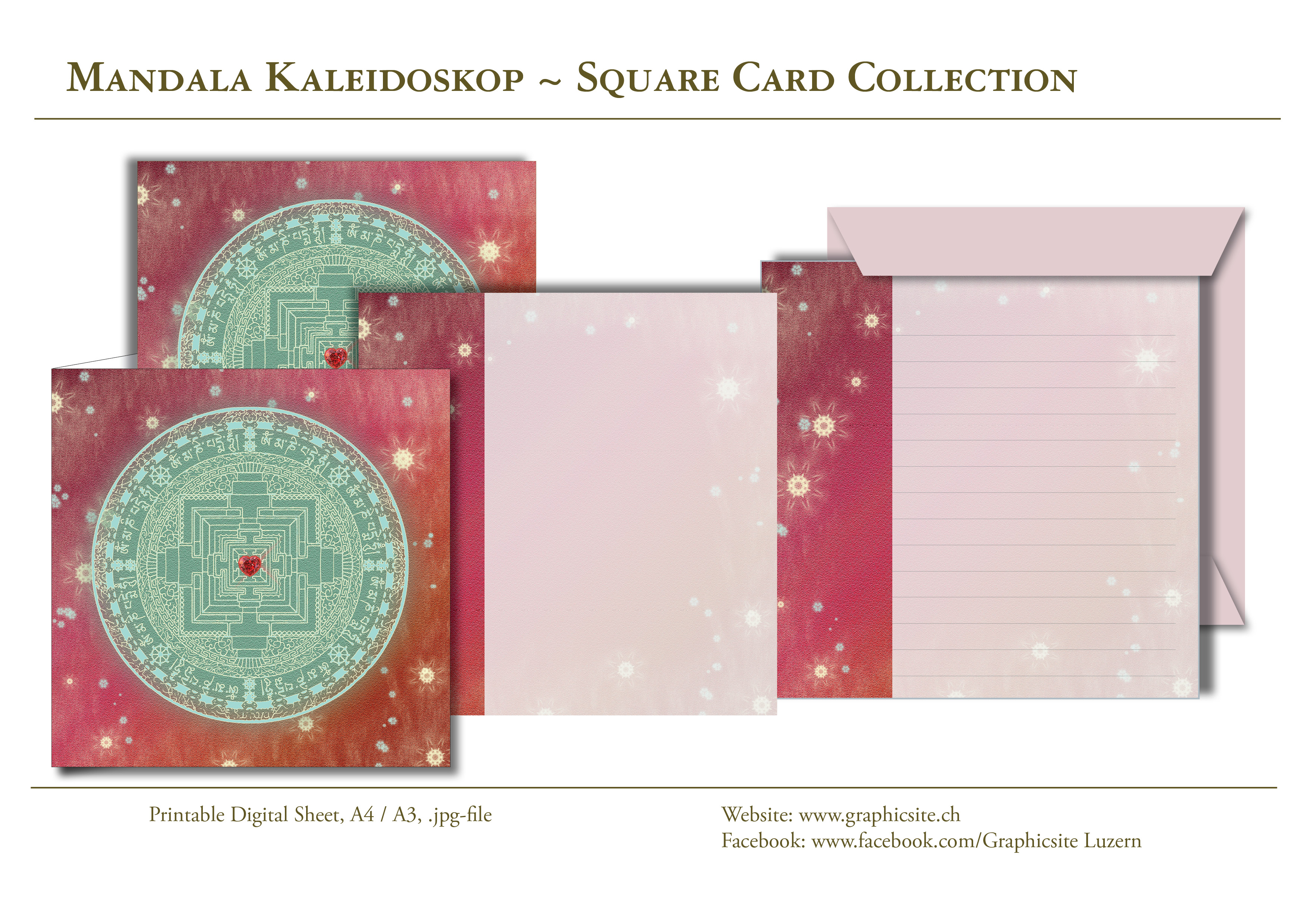 Printable Digital Sheets, Card Collections, Square Cards, Mandala, turquoise, green, red, heart, 