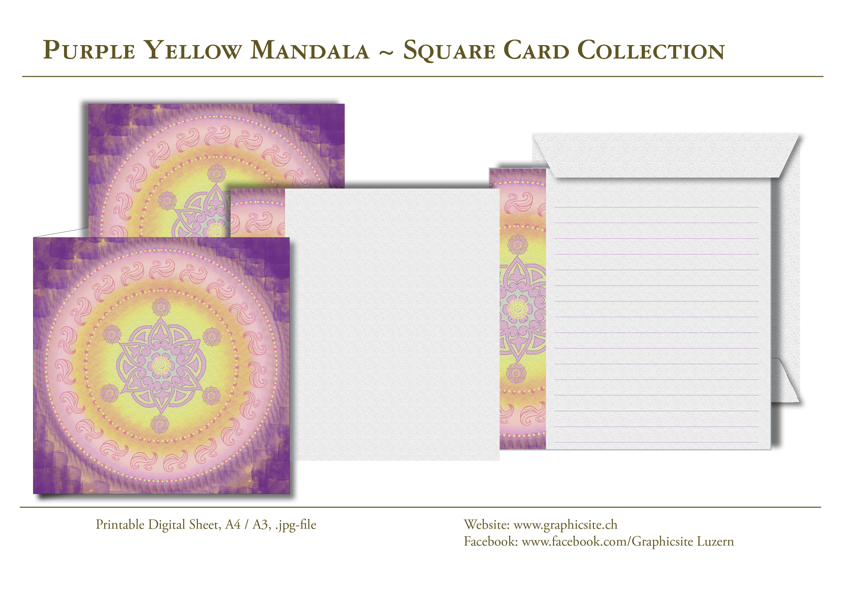 Printable Digital Sheets - Square Card Collection - Mandala, Purple, Yellow, Greeting Cards, Notecards,