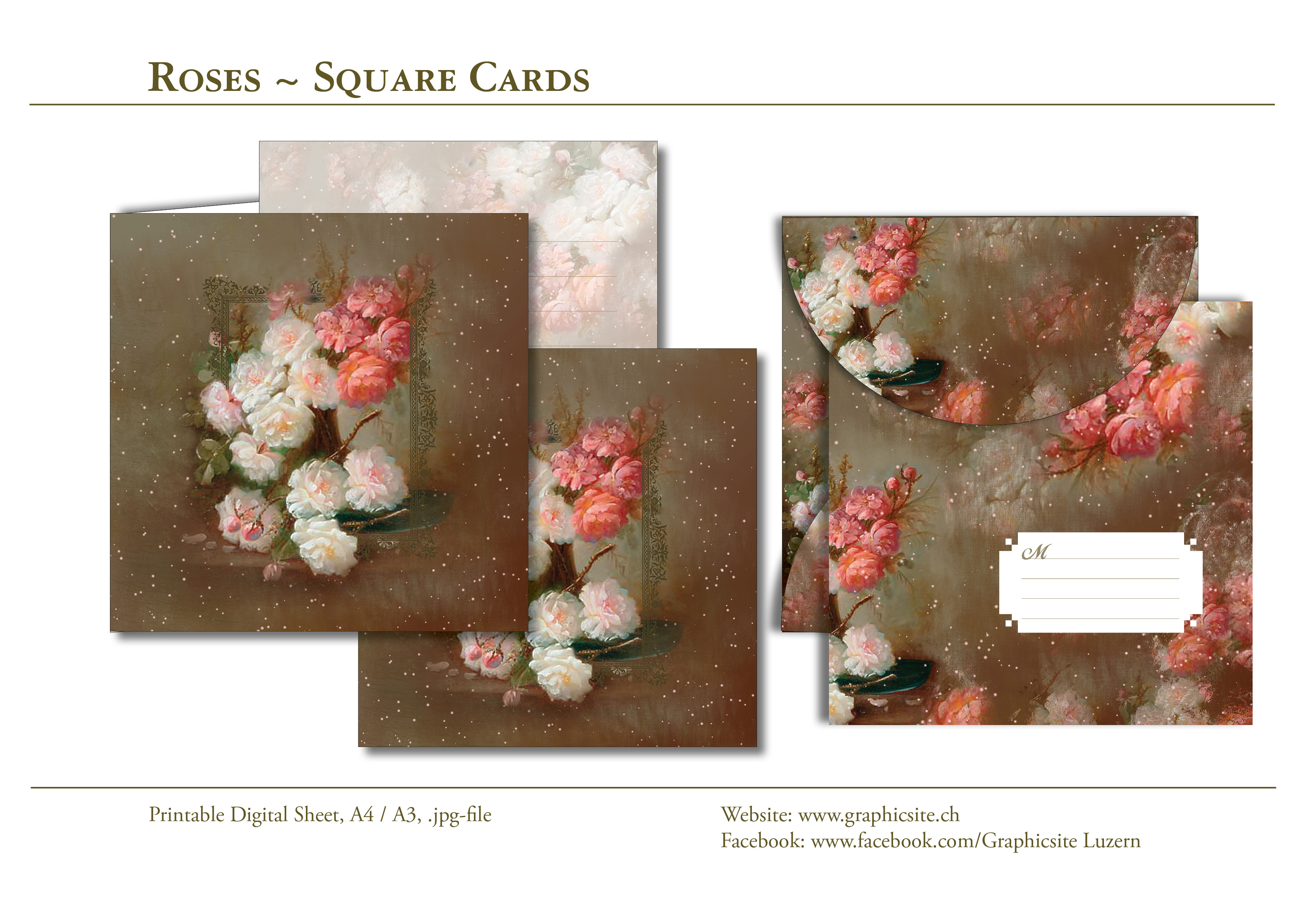 Printable Digital Sheets - Card Collections - Square Cards - Roses - #printables, #greetingcards, #blankcards, #stationary, #rosecards, #floralcards, #graphicdesign, #luzern, #schweiz,