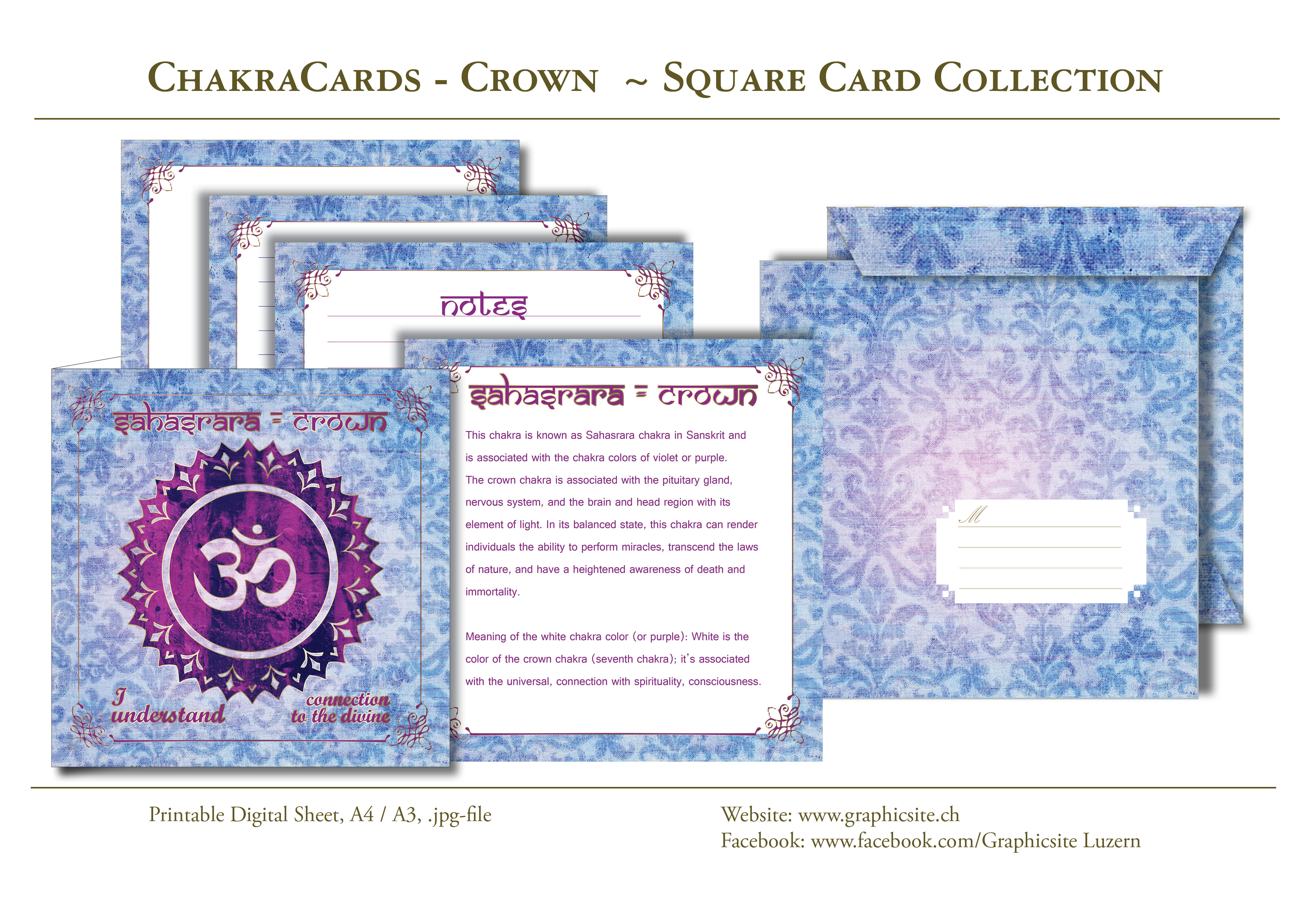 Printable Digital Sheets - Square Card Collections - Chakra Cards, Sahasrara, Crown,