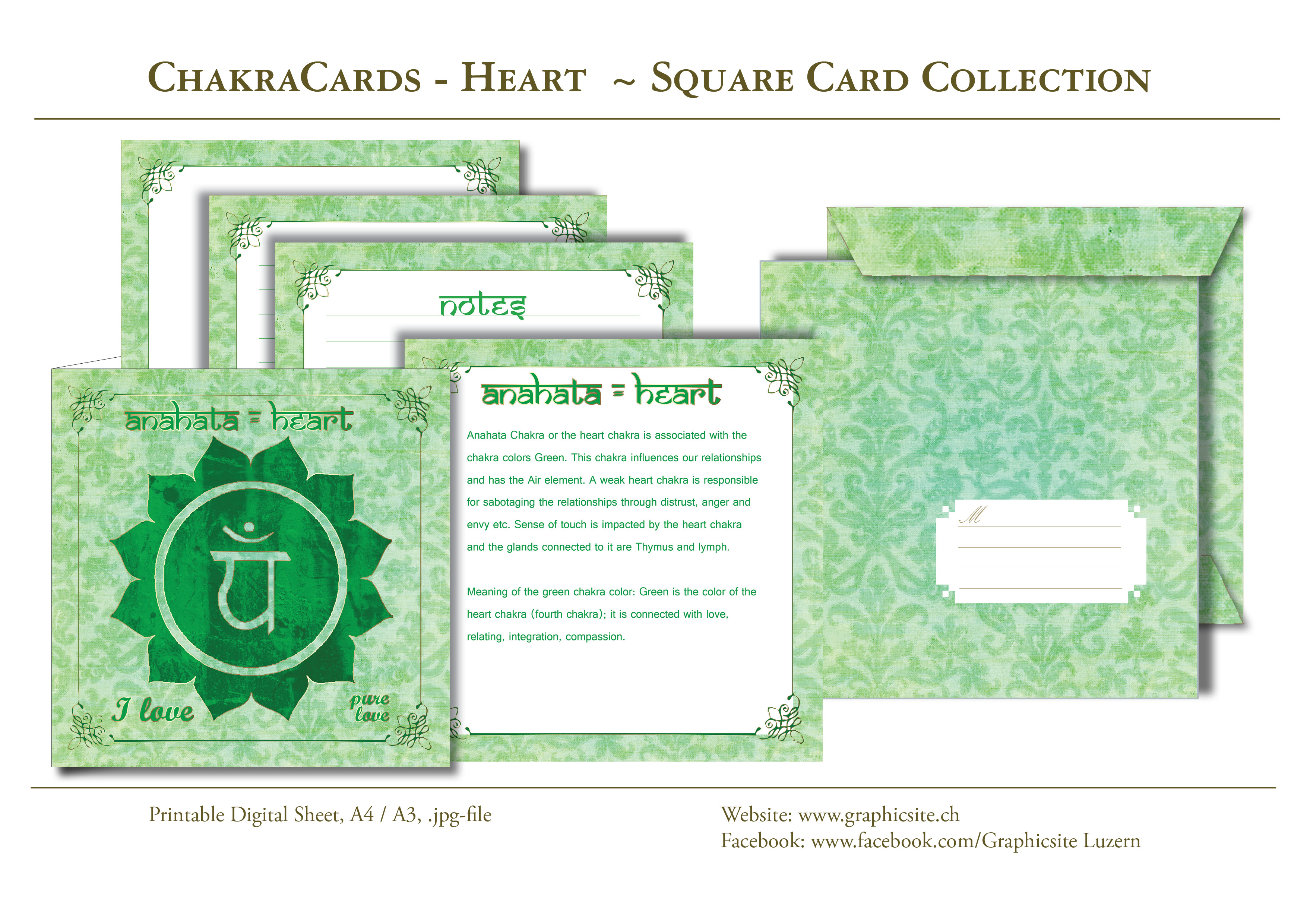 Printable Digital Sheets - Square Card Collections - Chakra Cards, Anahata, Heart,