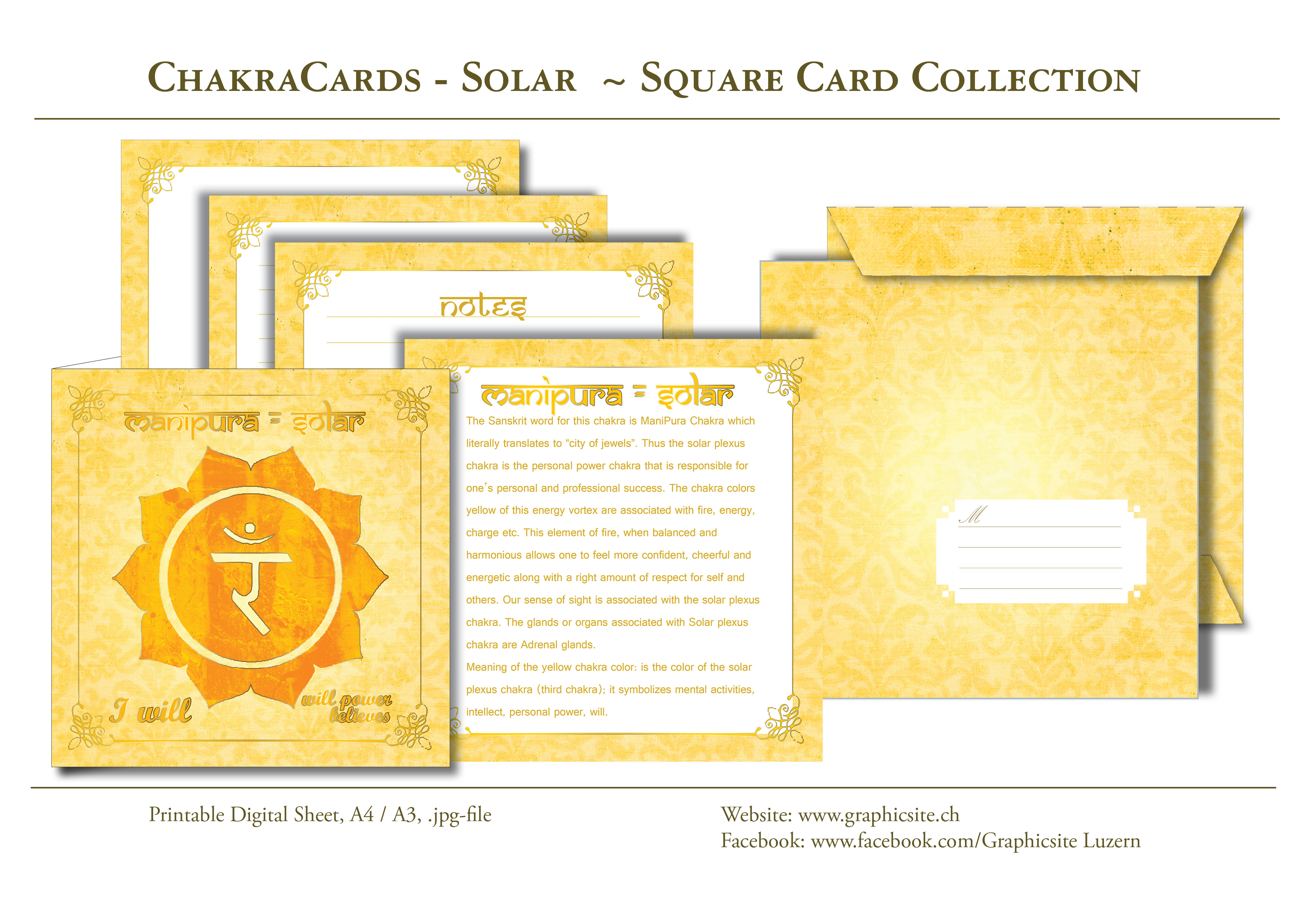 Printable Digital Sheets - Square Card Collections - Chakra Cards, Manipura, Solar,