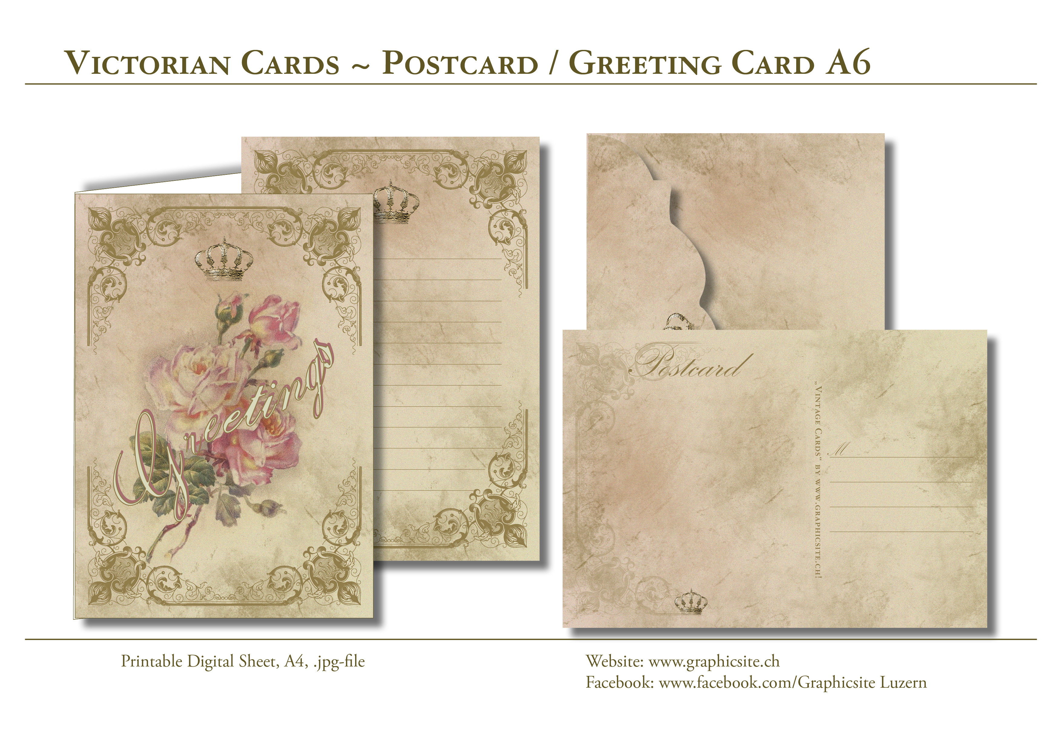 Printable Digital Sheets, CardCollection A6, Download, GreetingCards, Postcard, Victorian,