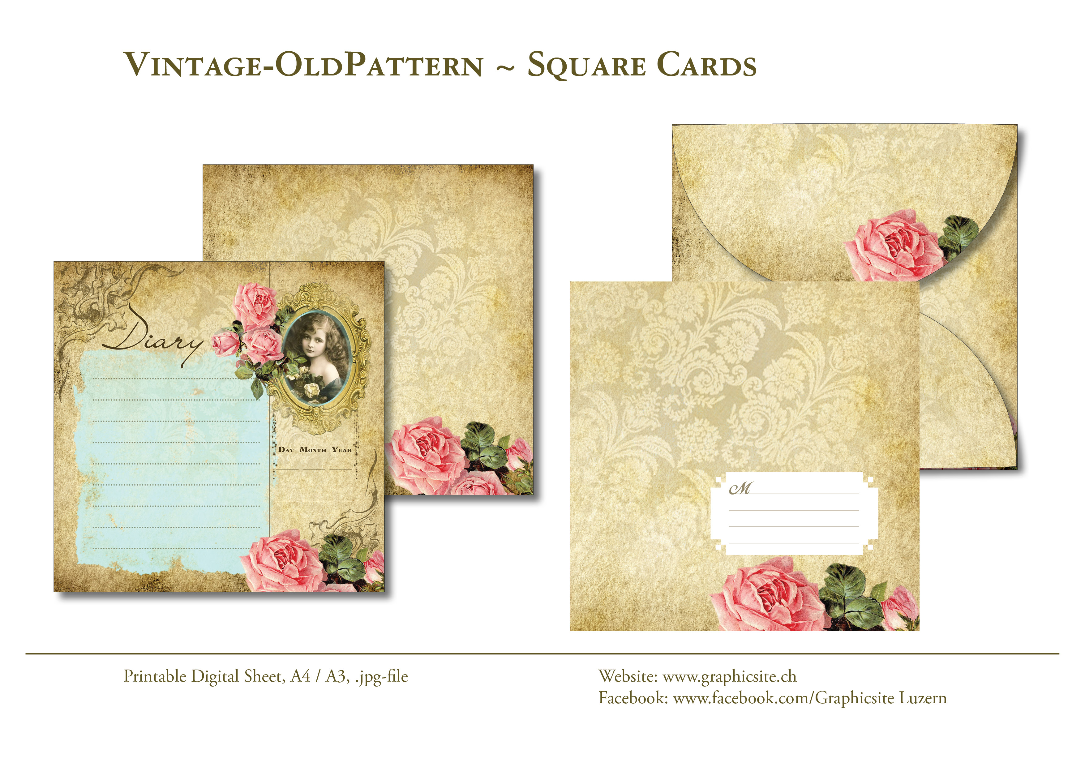 Karten selber drucken - Basteln - Grusskarten, Geburtstagskarten, Geschenkkarten, online, herunterladen, Romantisch, Blumen, Rosen, Vintage, Mädchen, Quadratische Karten, Grafiker Luzern, Schweiz,