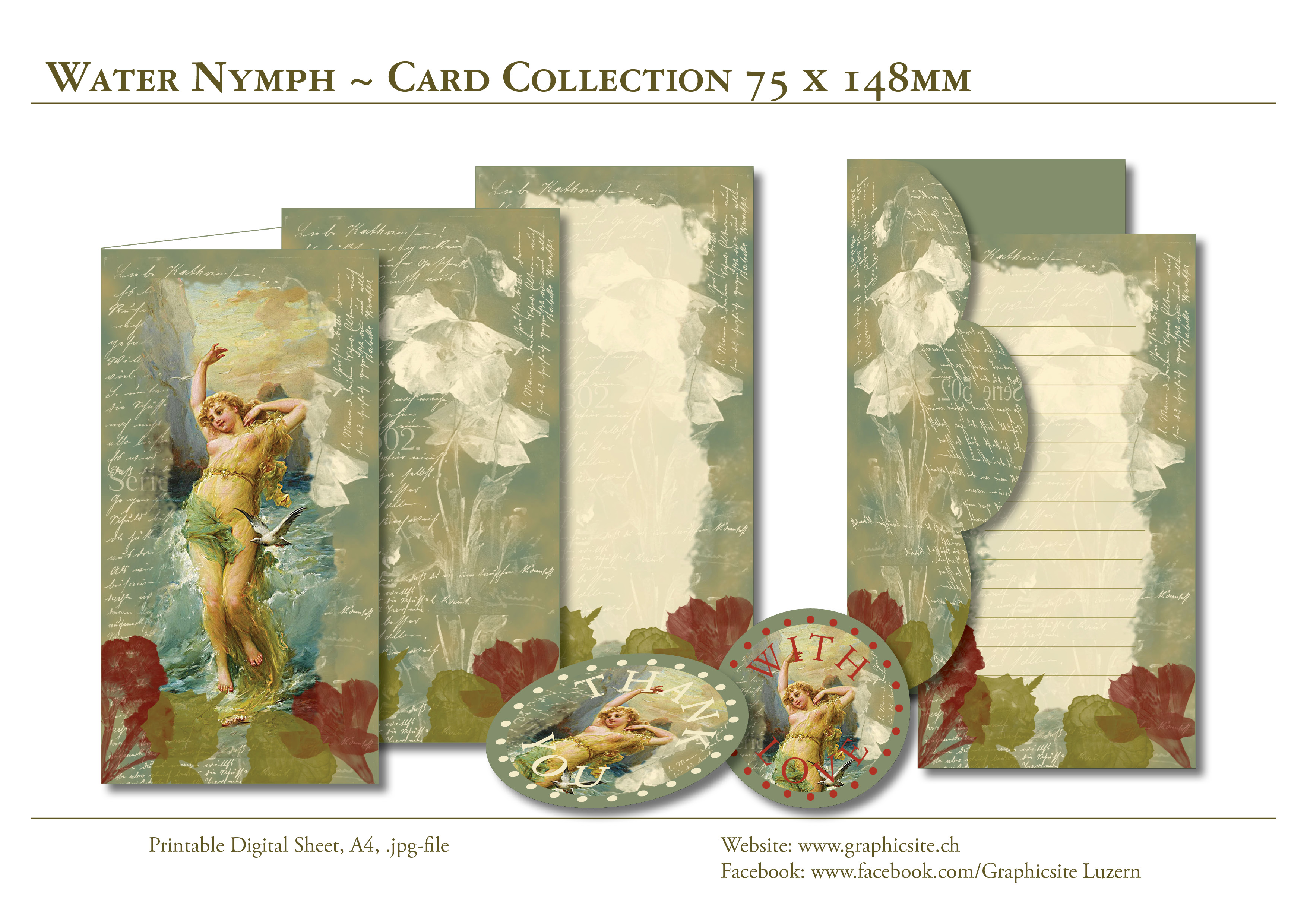 Printable Digital Sheets - CardCollection 75x148mm - WaterNymph - Vintage - Painting, Greeting Cards, Notecards, Envelop, GraphicDesign, Luzern