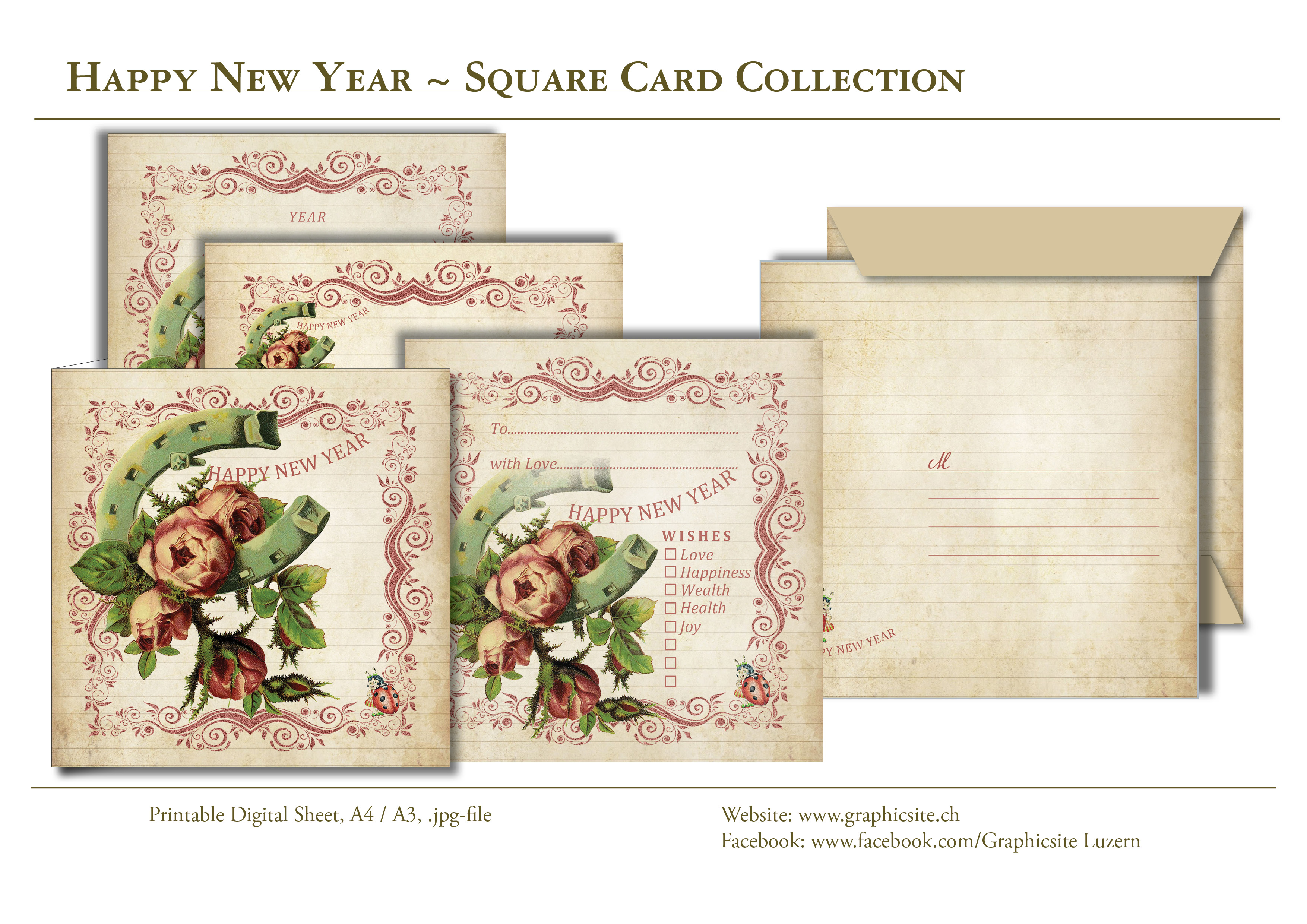 Printable Digital Sheets - Square Card Collection - New Year - Greeting Cards, Envelope, Horse Shoe, Roses, Peonies, Vintage Paper, Stationary, 