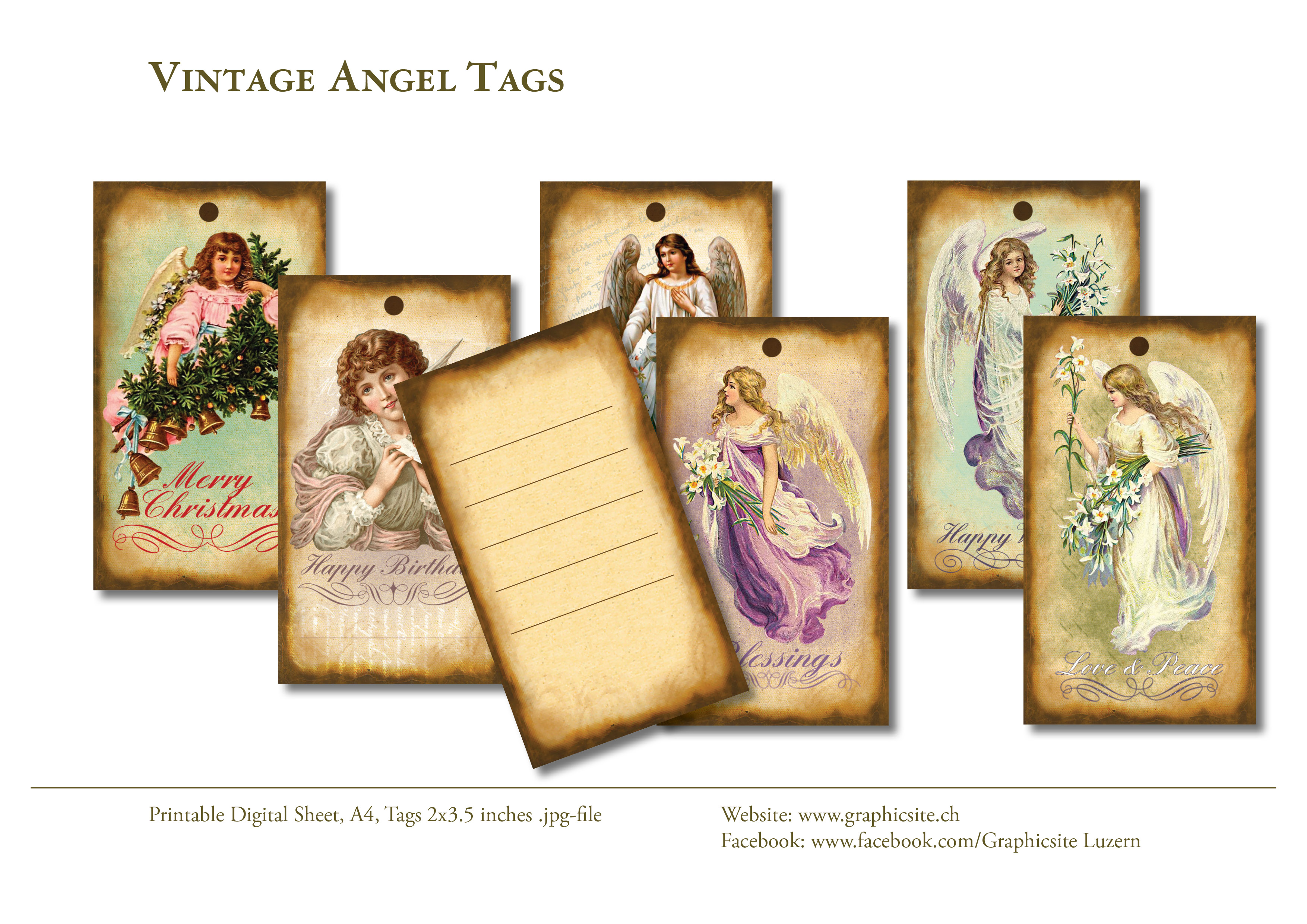 Printable Digital Sheets - Tags - VintageAngel Tags - #gifttags, #producttags, #vintage, #angels, 