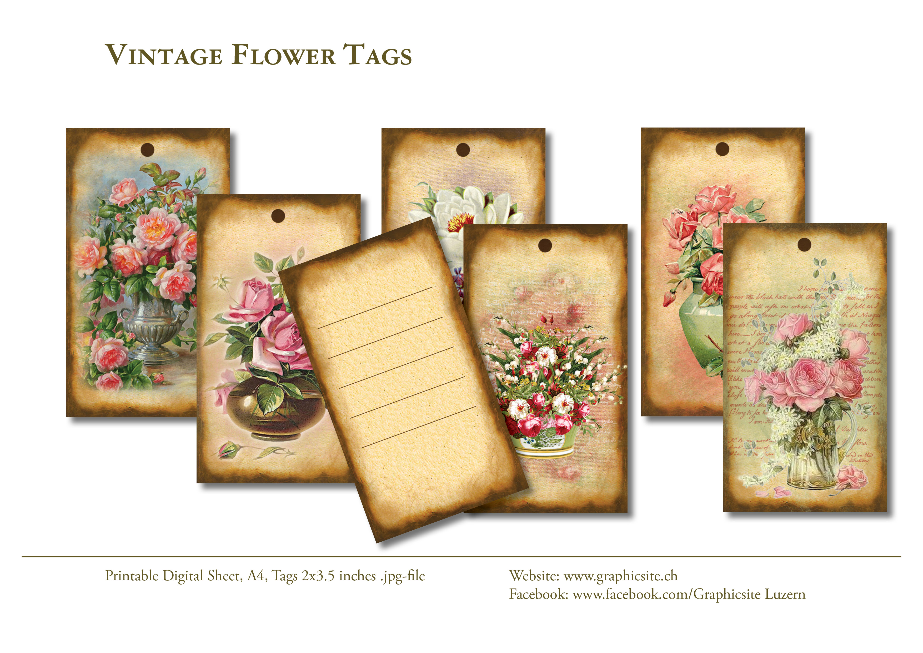 Printable Digital Sheets - Tags - VintageFlowerTags - #tags, #gifttags, #scrapbooking, #papercrafts