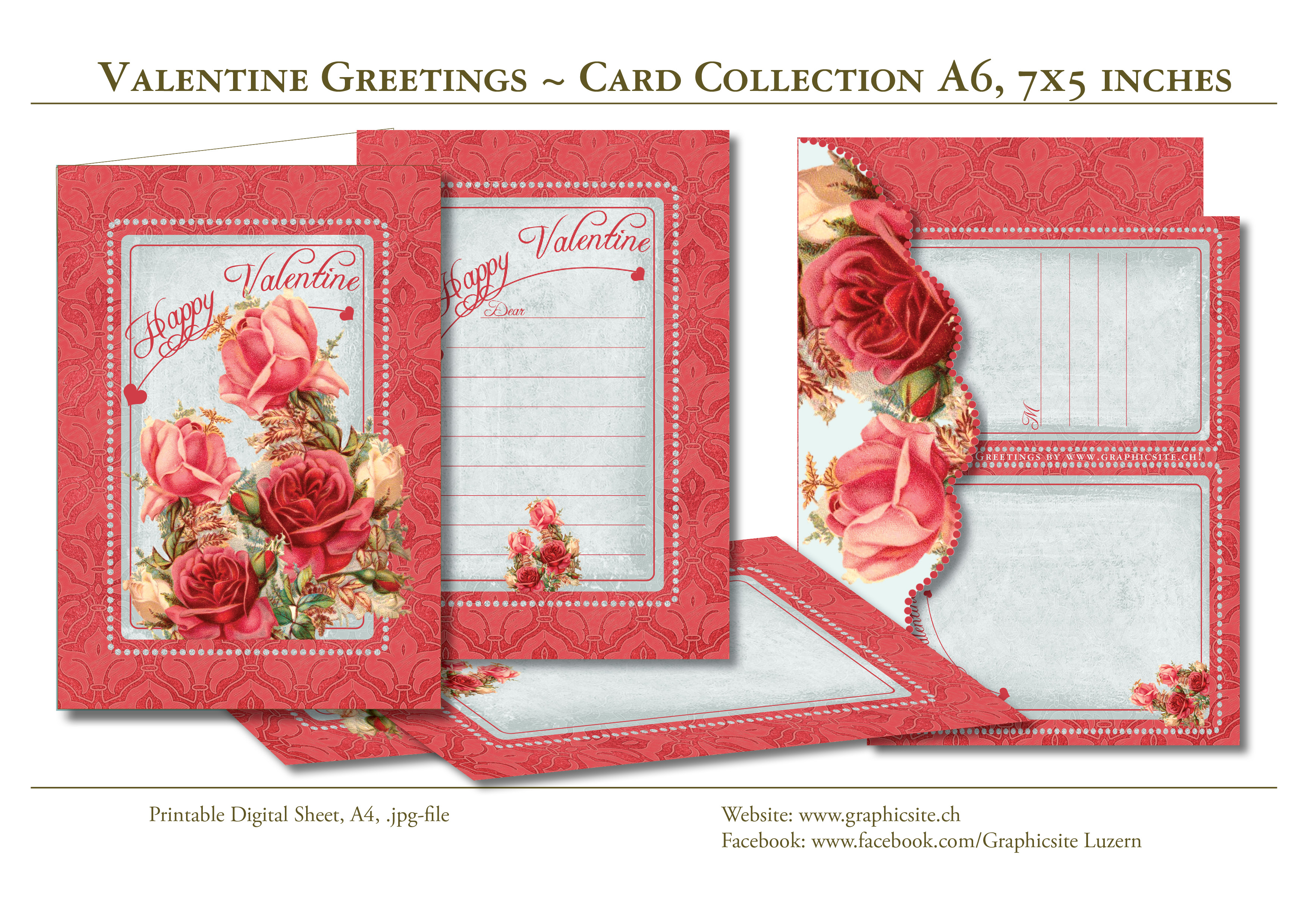 Printable Digital Sheets - Card Collection - Valentines Day, Valentines Greetings - Love Cards - Roses, Flowers,  Postcard, A6, Graphic Design, Luzern, 