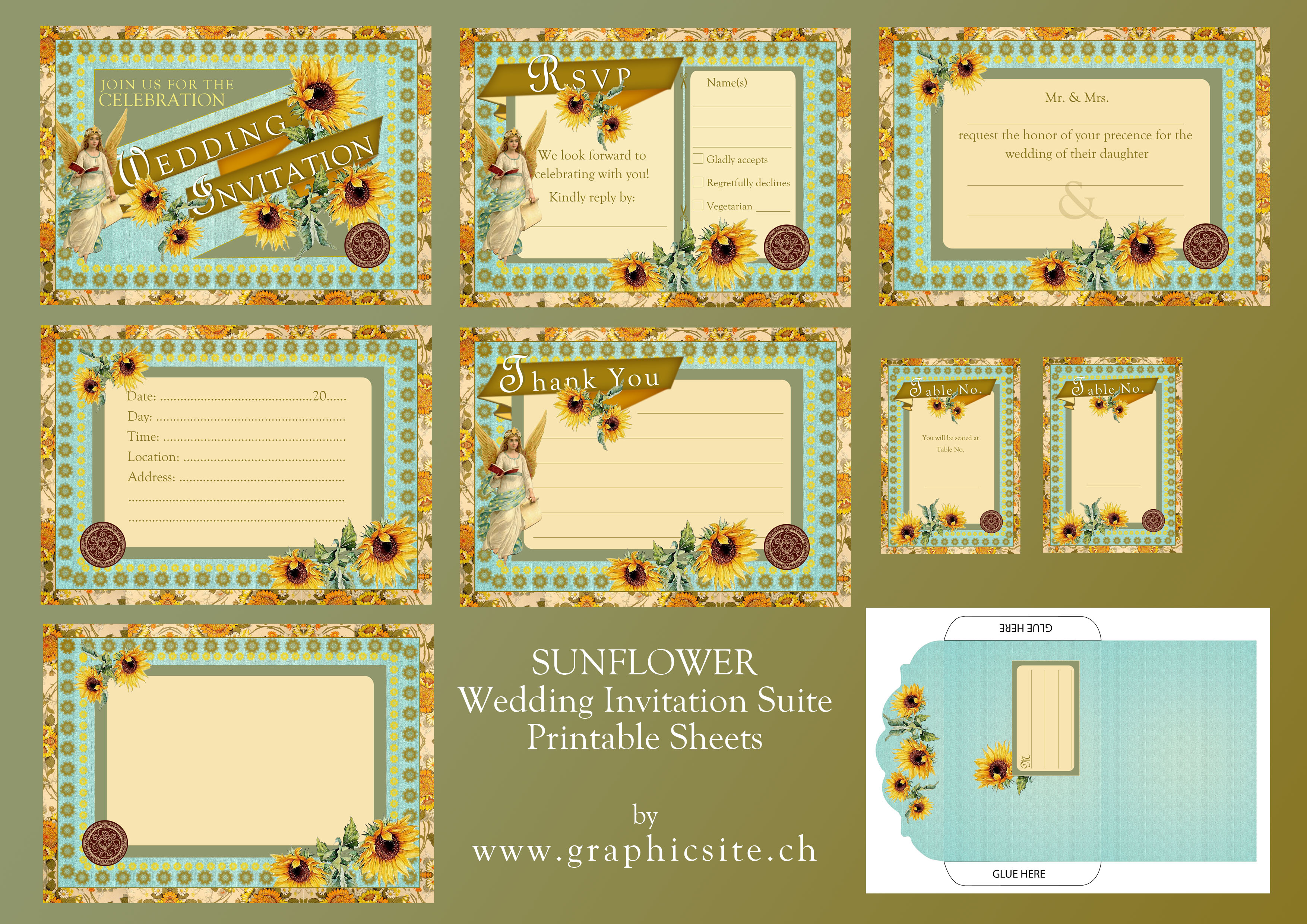 Printable Digital Sheets, Wedding Invitation Suite, Flowers, Sunflower, floral, collection, download, 