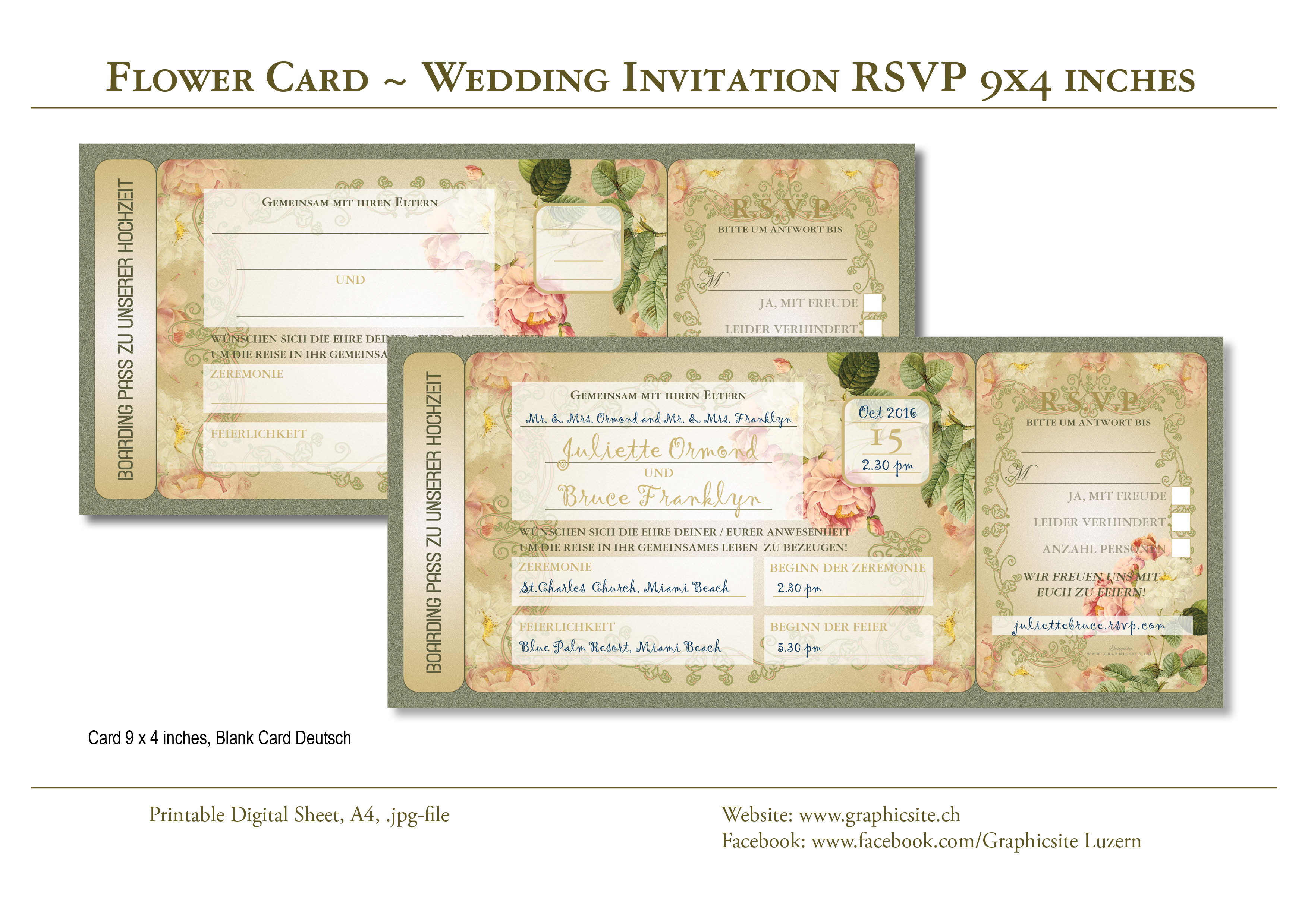 Karten selber drucken - Hochzeit - Blumen Karten 9x4 Zoll - #hochzeitskarten, #einladungen, #selber, #gestalten, #basteln, #papeterie, 